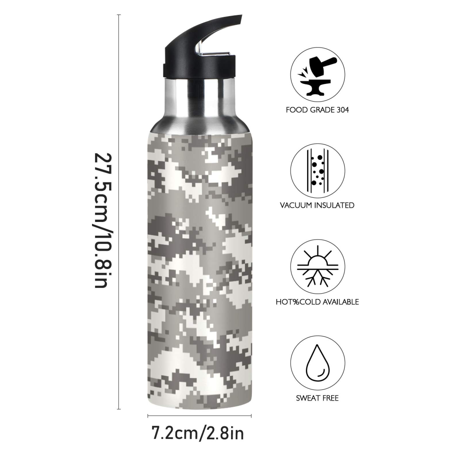 Qilmy Gray Desert Digital Camouflage Vacuum Insulated Stainless Steel Water Bottle with Straw Lid - 22oz Leakproof Wide Mouth Flask for Fitness, Hiking, Camping & Outdoor Sports | Perfect for Gym, Workouts, and Adventure Travel