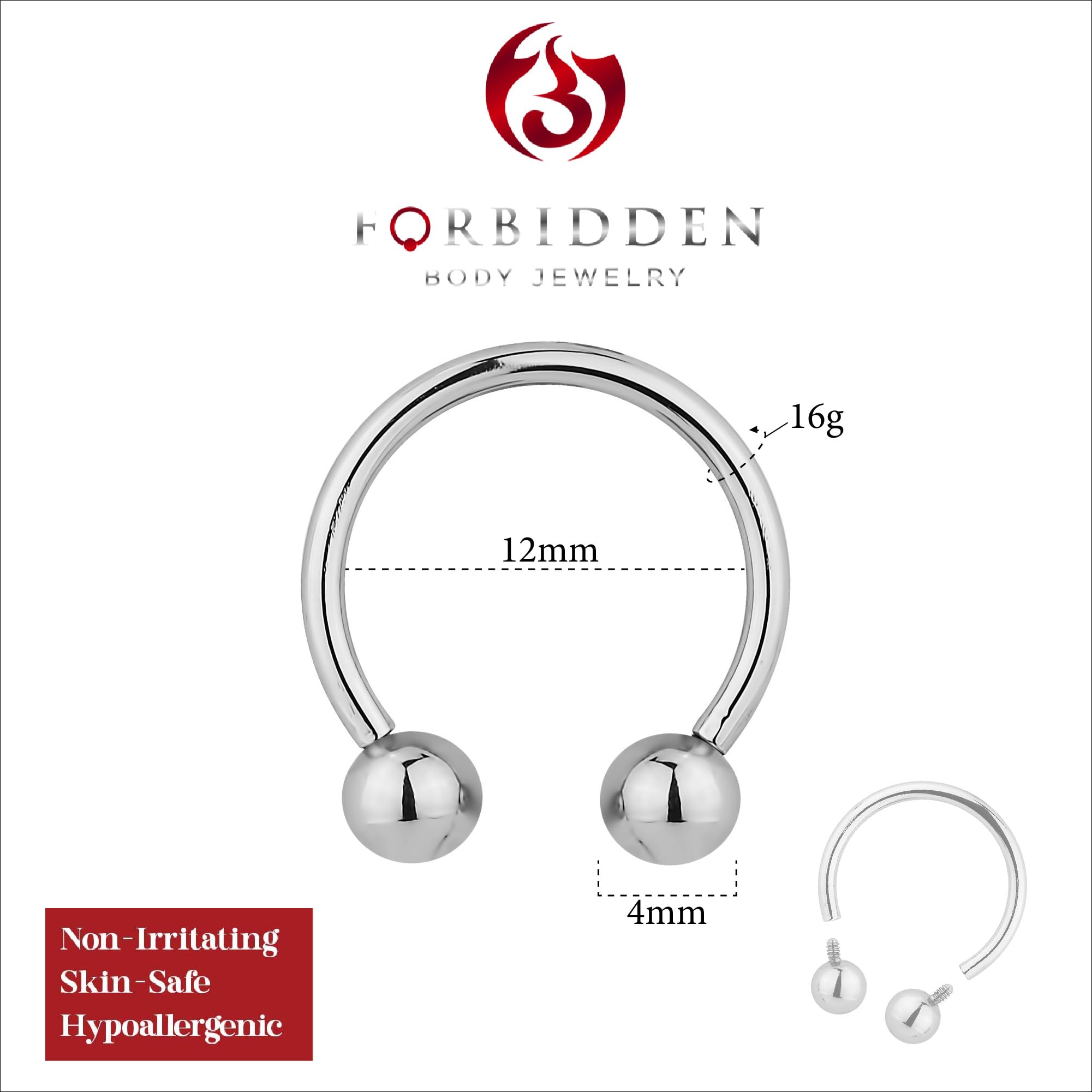 16G 12mm Surgical Steel Internally Threaded Horseshoe Body Piercing Ring - Forbidden Body Jewelry for Nose, Lip, Eyebrow & Cartilage Piercings | Hypoallergenic & Comfortable Wear