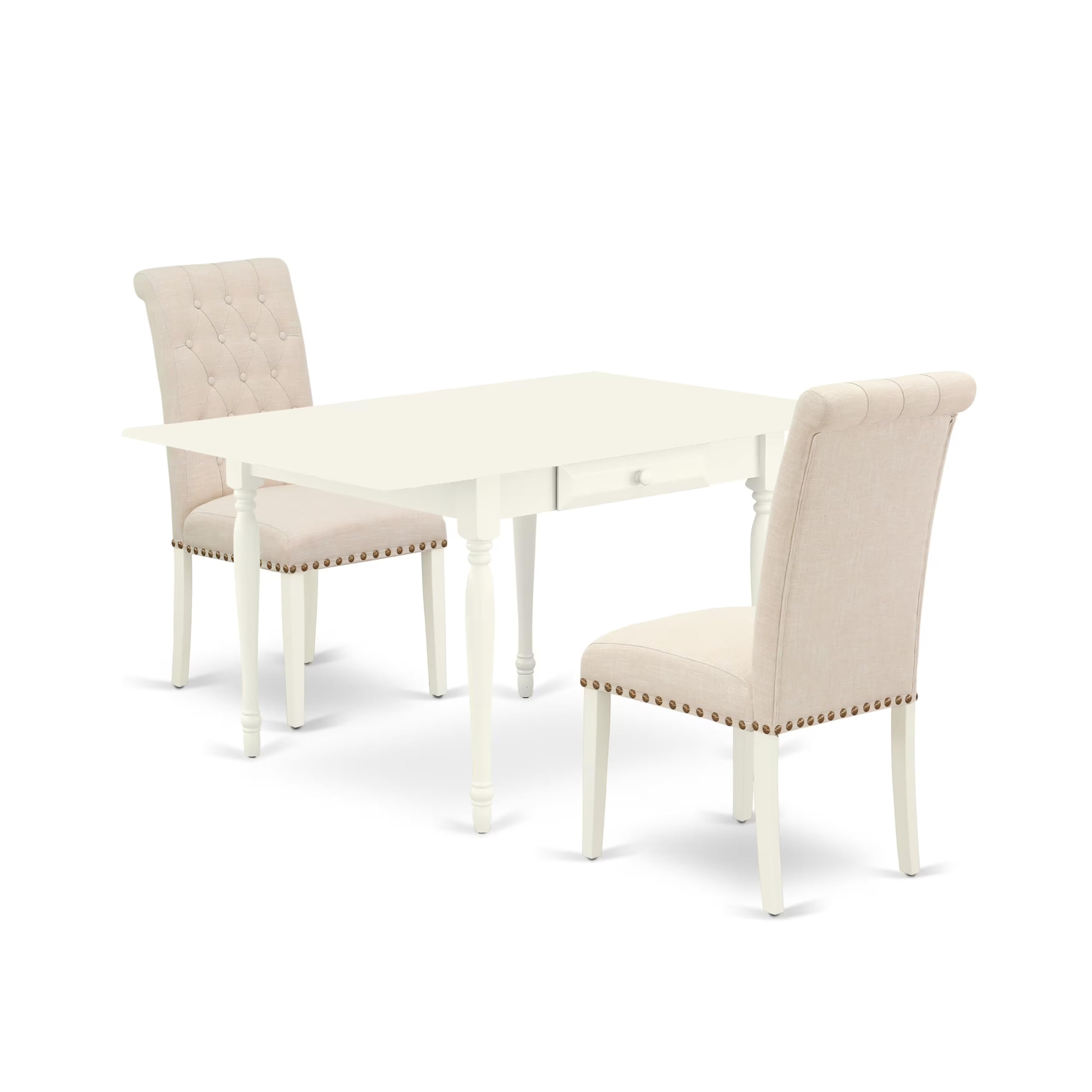 East West Furniture 3-Piece Dining Set with Drop-Leaf Table & 2 Upholstered Chairs, 36x54 Inch, Light Beige Linen Fabric, White - Perfect for Small Spaces, Breakfast Nooks & Cozy Apartments