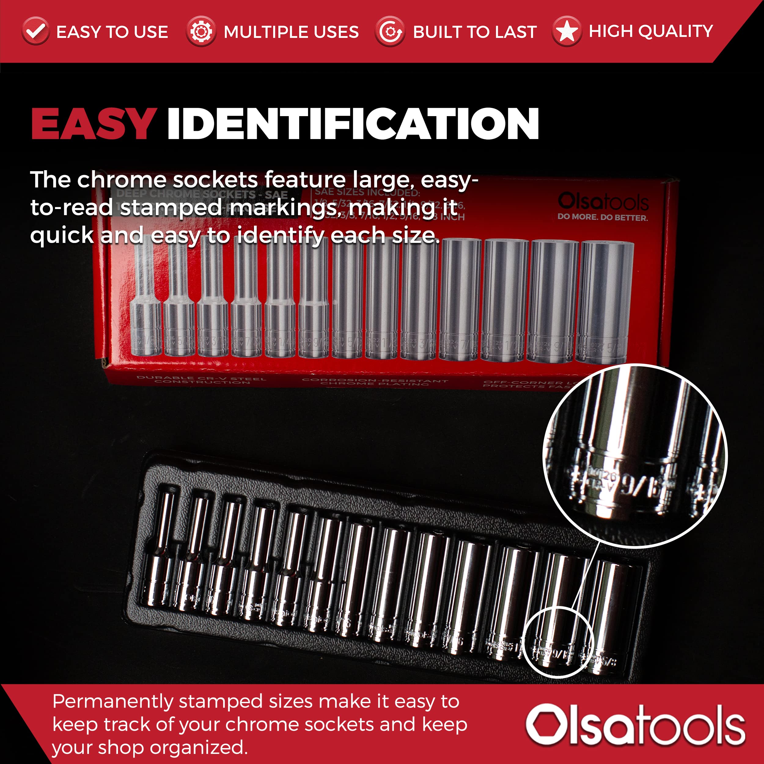 Olsa Tools 13-Piece SAE Socket Set - 1/4-Inch Drive 6-Point Deep Sockets (1/8