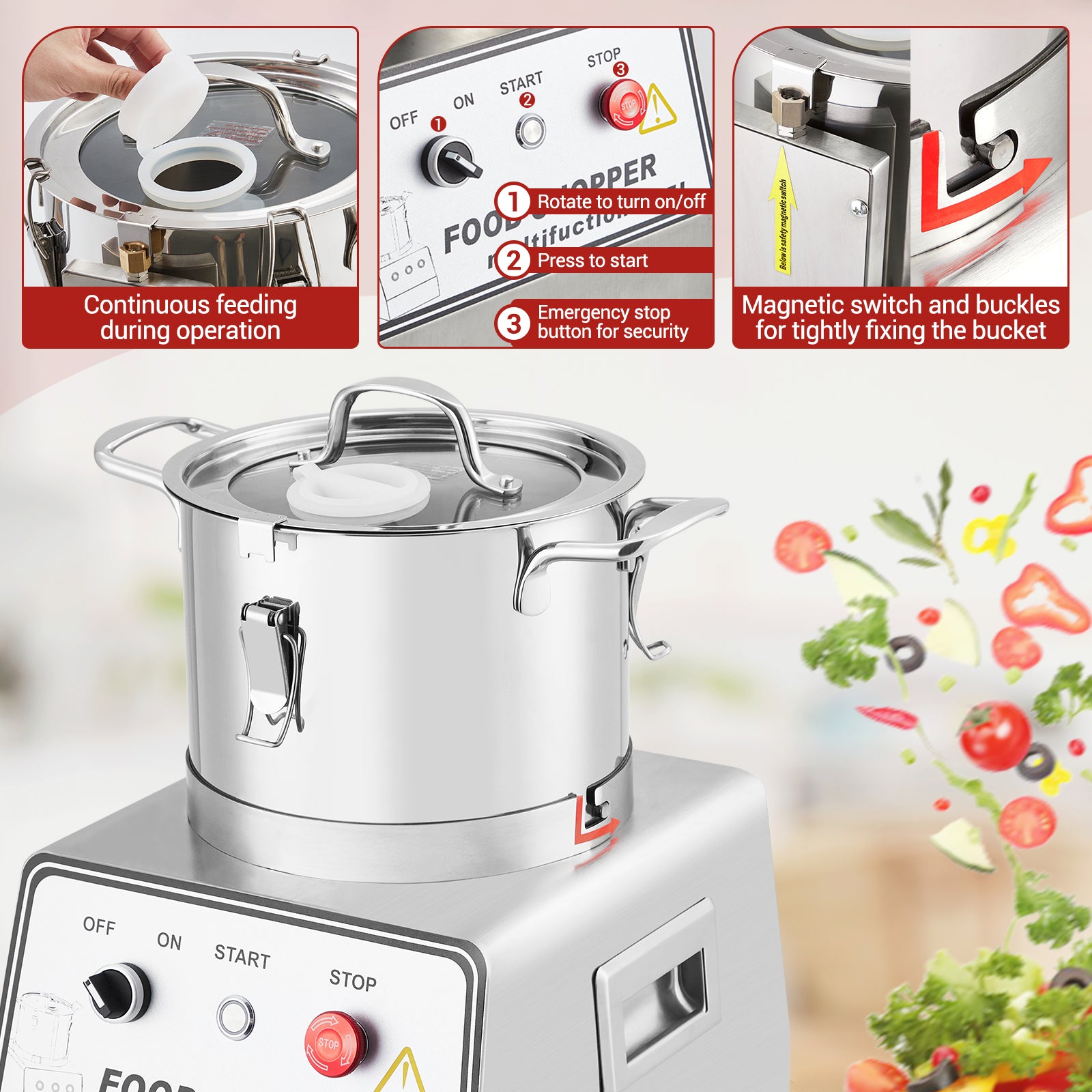 GARVEE 1400W Commercial Food Processor - 63 Cup Electric Vegetable Chopper & Meat Grinder with Stainless Steel Blades - Multi-Functional Kitchen Appliance for Slicing, Dicing, Grinding - Includes Gloves & Brush - 110V - Perfect for Restaurants, Catering & Home Cooking