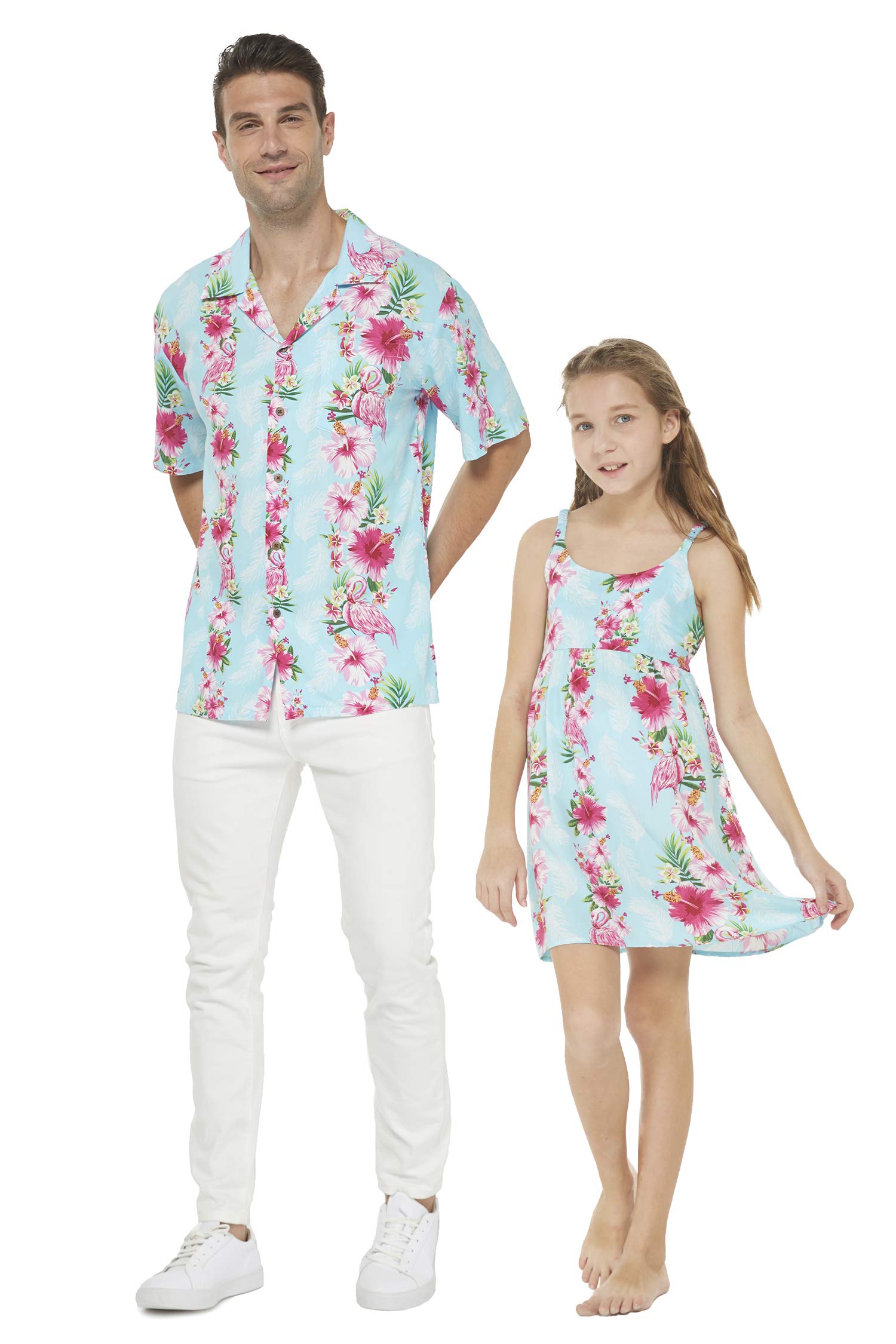 Father Daughter Matching Hawaiian Luau Dance Shirt Dress Set - Tropical Floral & Pineapple Patterns for Beach Party, Family Reunion & Vacation Photos