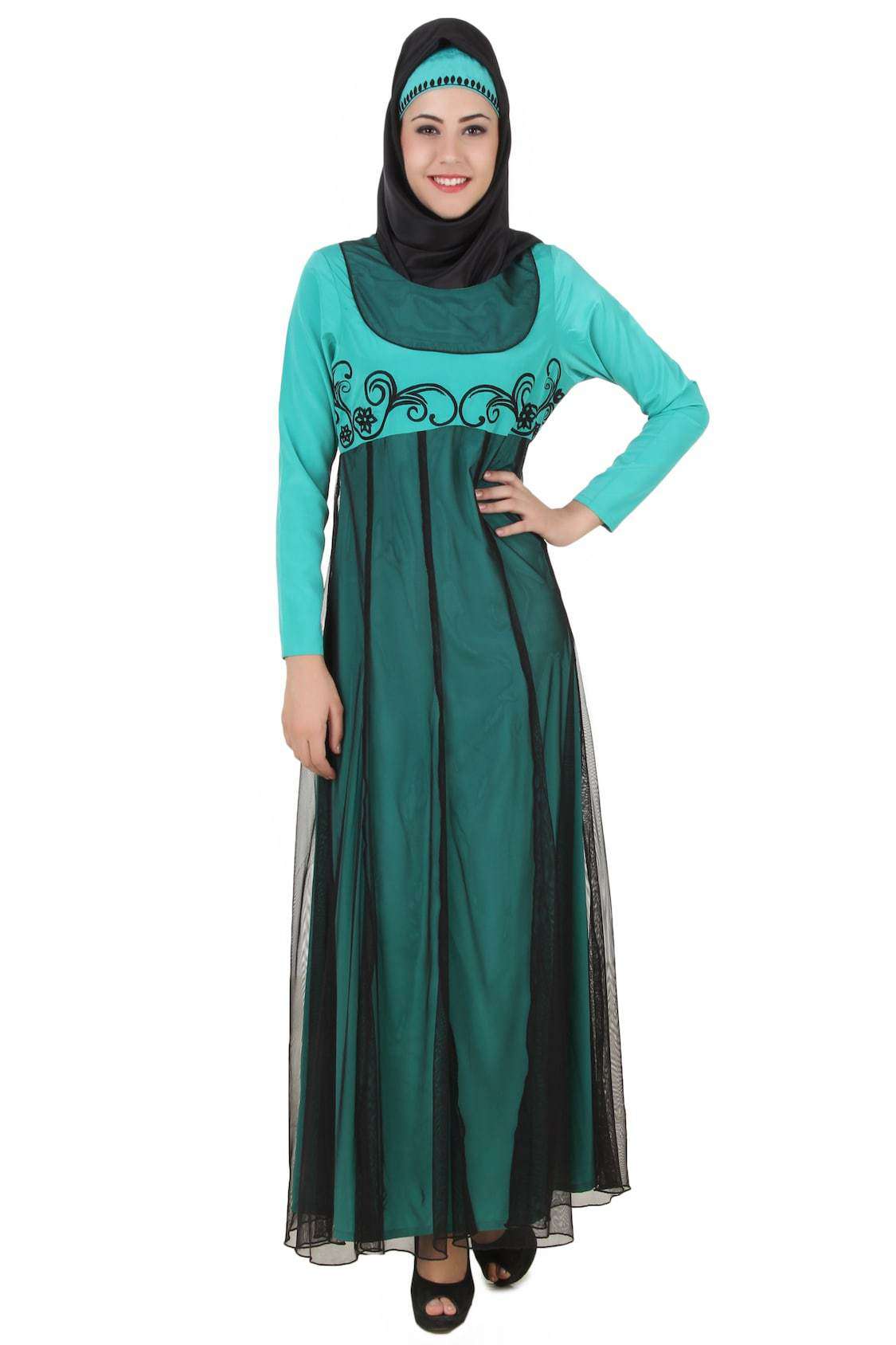 Elegant Turquoise Green and Black Net Crepe Abaya for Women - Perfect for Eid, Weddings, and Special Occasions