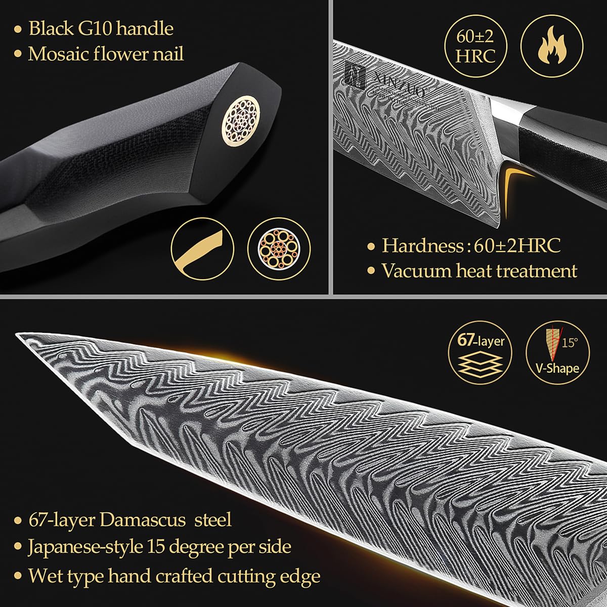 XINZUO 8.5 Inch Damascus Steel Kiritsuke Chef Knife - Professional Forged Gyuto Kitchen Knife with Military Grade G10 Handle & Magnetic Sheath - Perfect for Sushi, Meat Cutting, and Precision Cooking - Feng Series