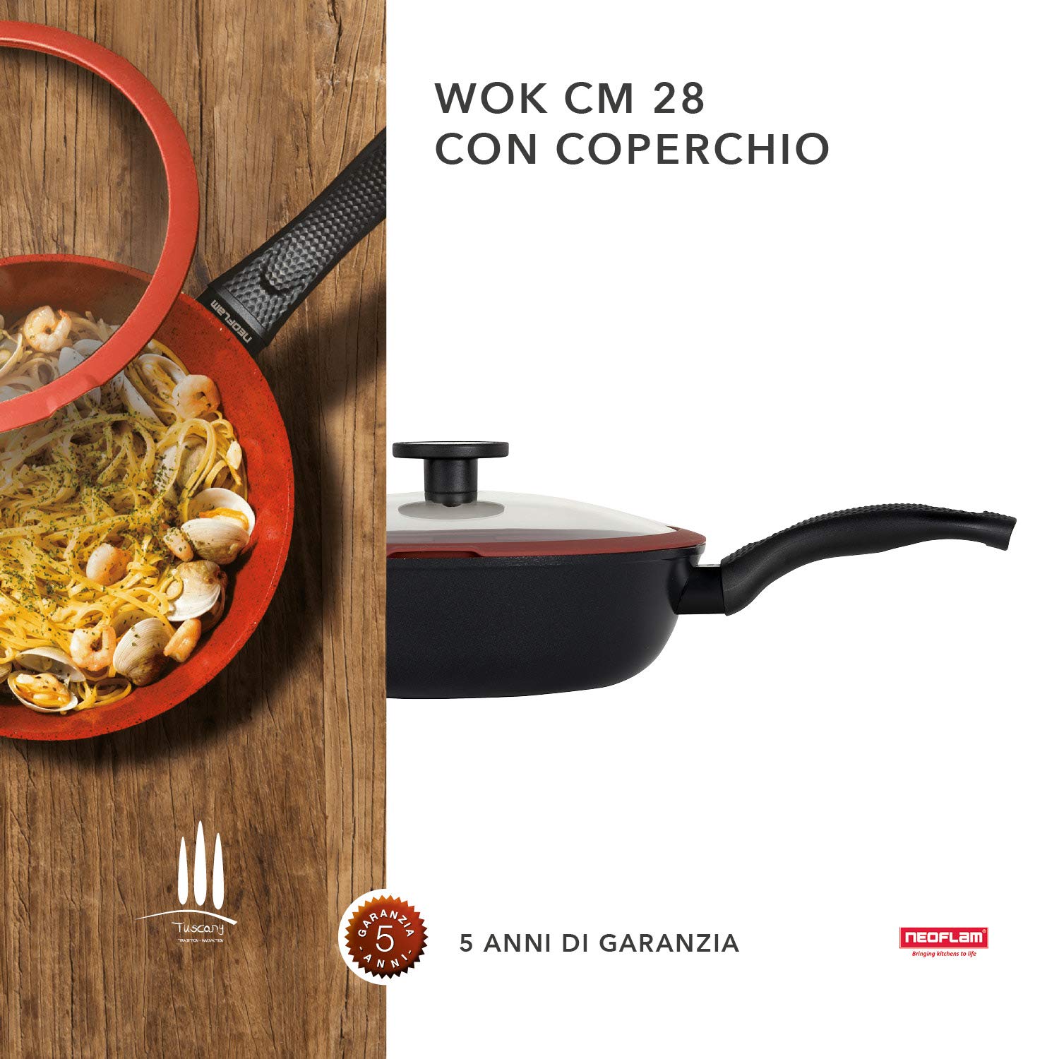 Classe Italy Tuscany Linea 28cm Non-Stick Wok - 5-Layer Natural Coating, PFOA & PTFE Free, Induction & Gas Stove Compatible - Perfect for Stir-Frying, Sautéing & Asian Cooking