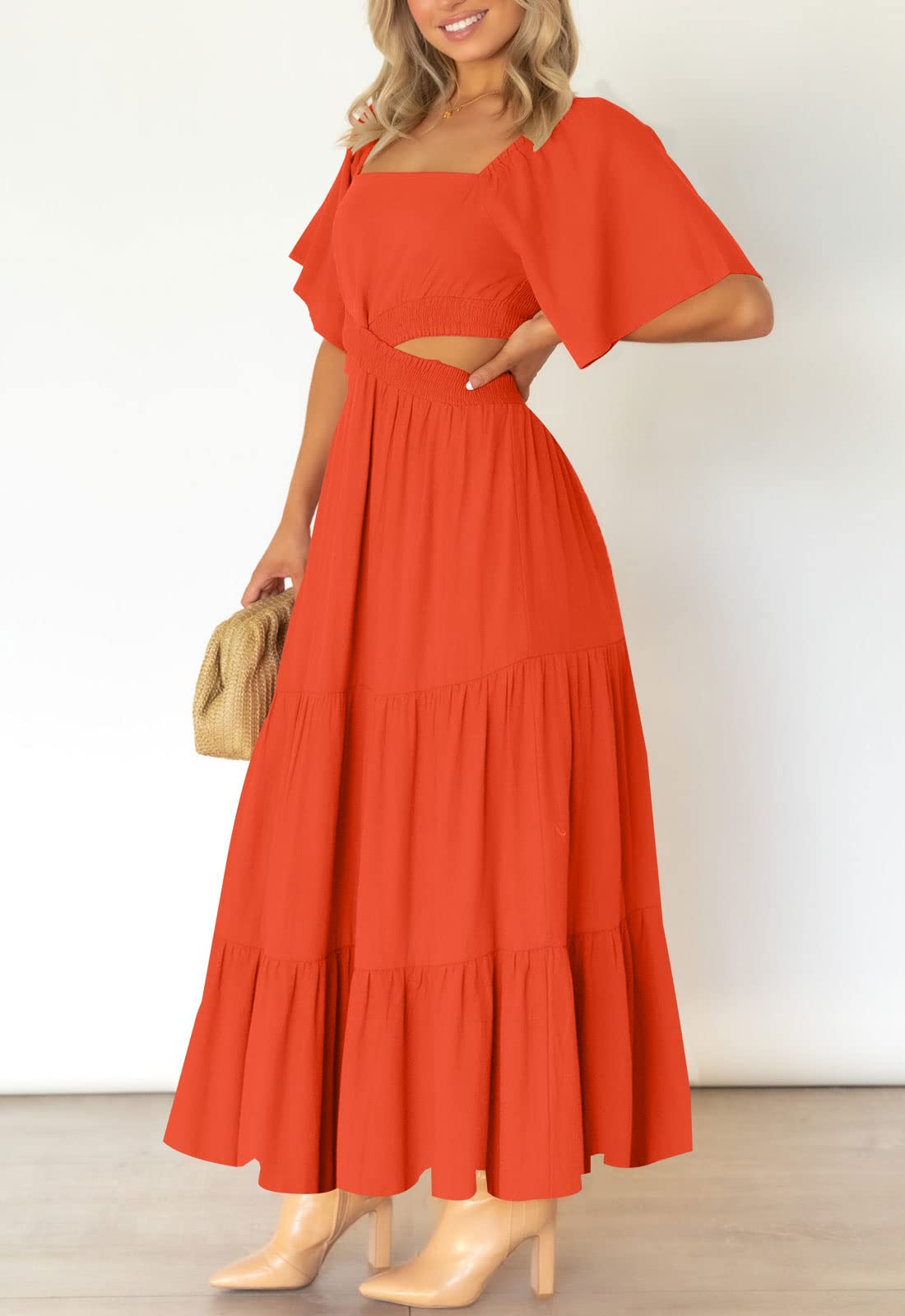 LEANI Women's 2025 Summer Cutout Maxi Dress - Square Neck Short Sleeve Crossover Waist Flowy Beach Dress for Casual Wear, Party & Vacation