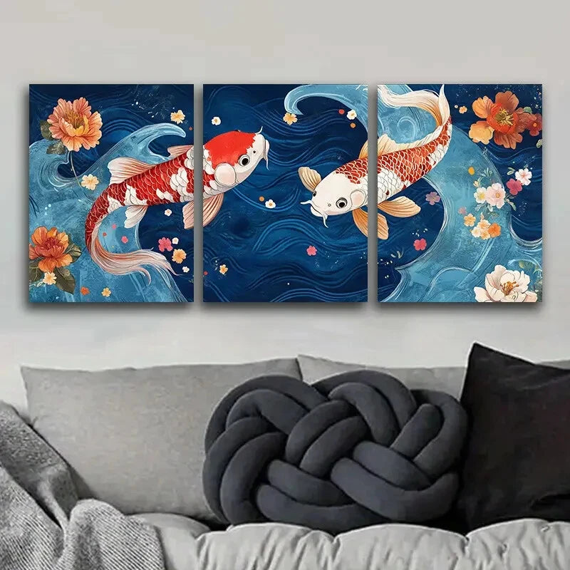 3pcs Red and White Koi Fish Metal Wall Art with Floral Design - Ready to Hang Home Decor for Living Room, Bedroom, or Office