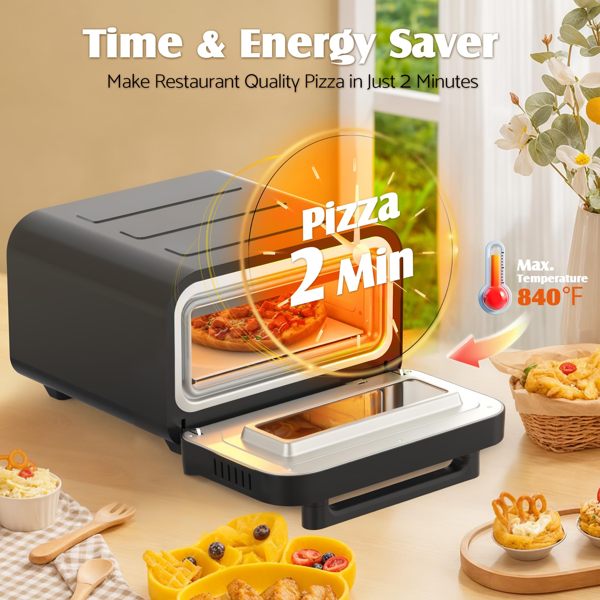 Upgrade Electric Pizza Oven for Indoor Use - 1700W Countertop Pizza Maker Heats to 840℉ with 6 Touchscreen Presets, Includes Pizza Stone & Peel - Perfect for Home Kitchen, Parties, and Restaurant-Style Pizza Making