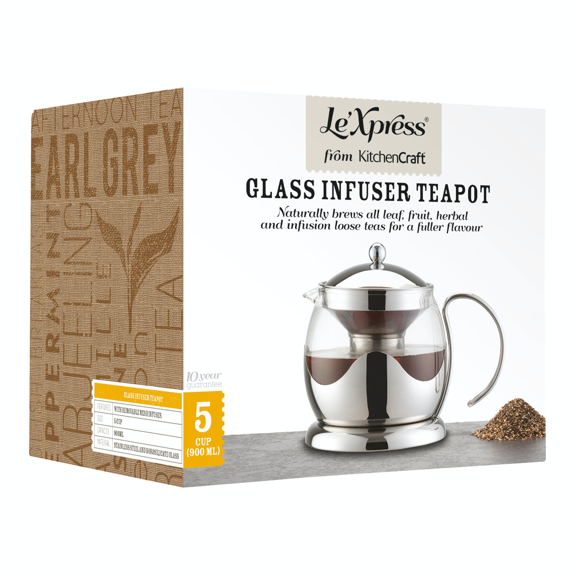 Le’Xpress Glass 900ml Infuser Teapot - Premium Loose Leaf Tea Maker with Removable Stainless Steel Filter - Perfect for Herbal, Green & Black Tea Brewing at Home or Office