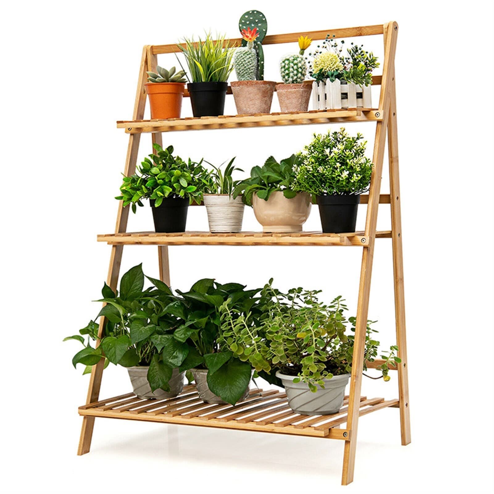 3-Tier Bamboo Foldable Plant Stand - Indoor Outdoor Shelving Rack for Plants, Flowers & Herbs - Perfect for Home, Patio, Garden, Balcony & Lawn Decor (Natural Color) - Ideal for Small Space Gardening & Displaying Potted Plants