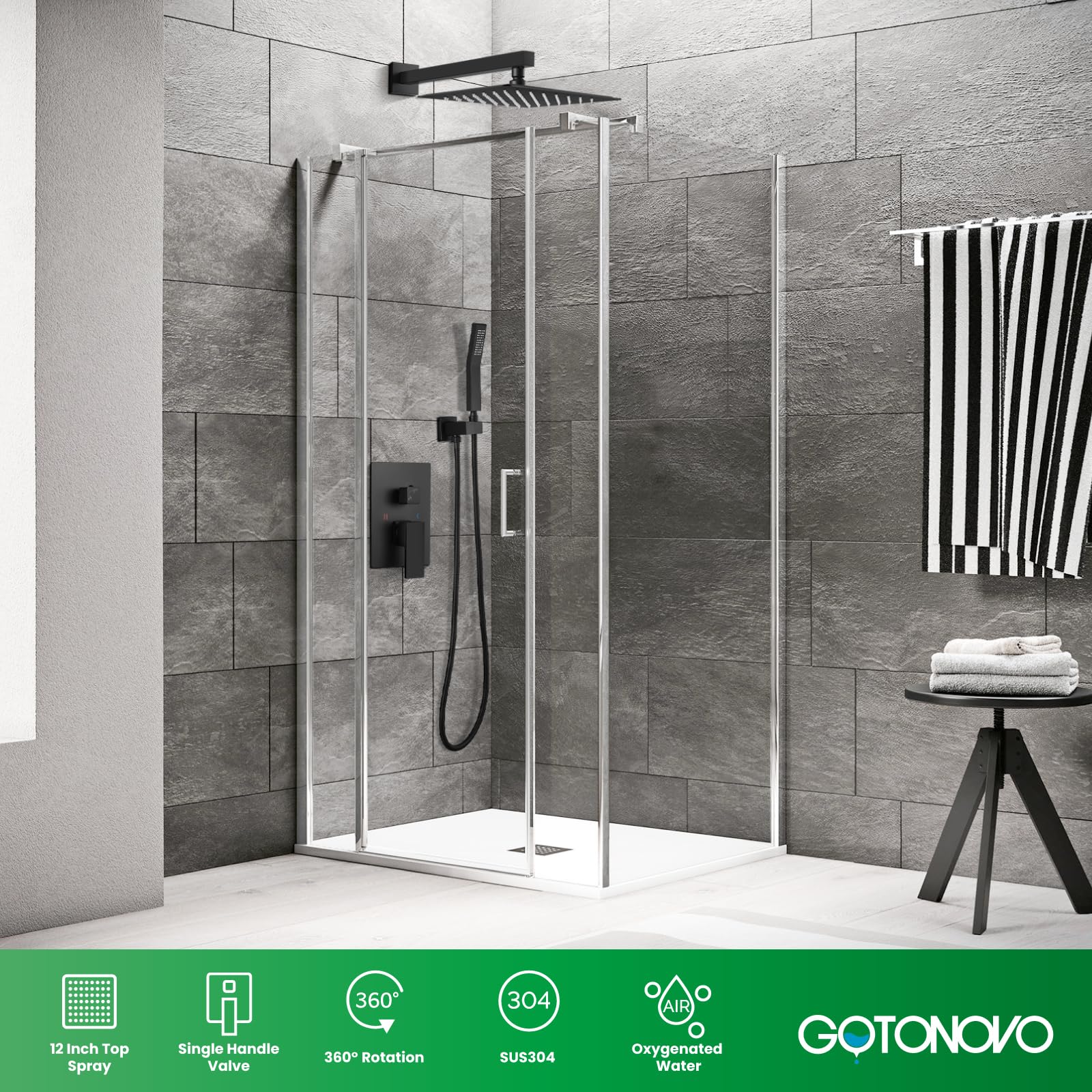 Gotonovo Rainfall Shower System - 12 Inch Matte Black Wall Mounted Shower Head & Handle Combo with Solid Brass Pressure Balancing Mixer Valve - Perfect for Modern Bathrooms, Spa-Like Experience, High Pressure Rainfall Shower