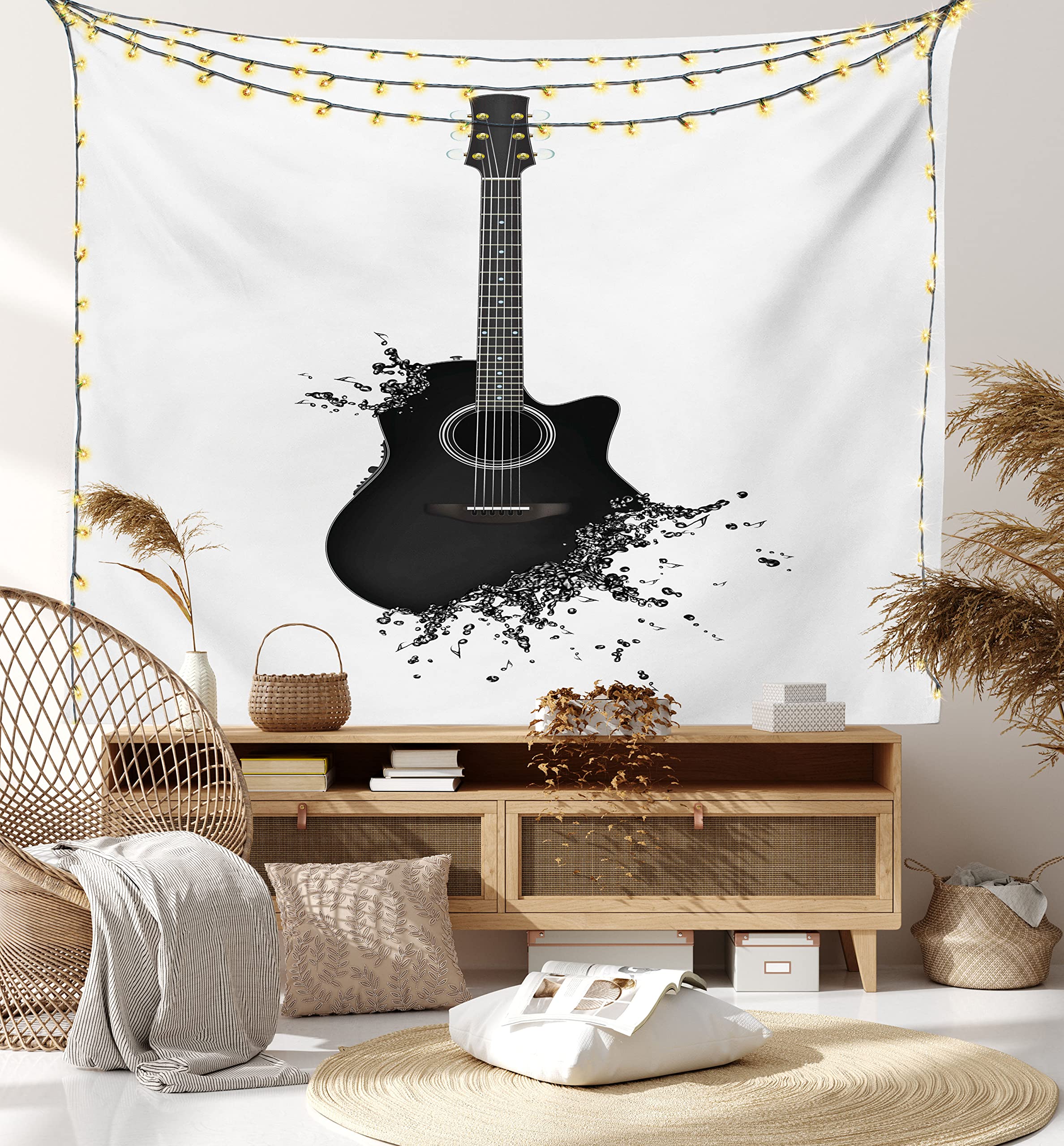 Ambesonne Guitar Wall Tapestry - 40x60 Inch Black & White Acoustic Instrument Art with String Details | Modern Music Themed Decor for Bedroom, Living Room, Dorm | Perfect for Musicians' Rooms, Studio Backdrops & Concert Theme Parties