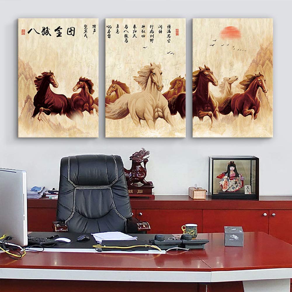 IDEA4WALL Chinese Eight Horses Painting Canvas Wall Art - 24x36 Inch Framed Home Decor (Set of 3 Panels) | Perfect for Living Room, Bedroom & Office Wall Decor