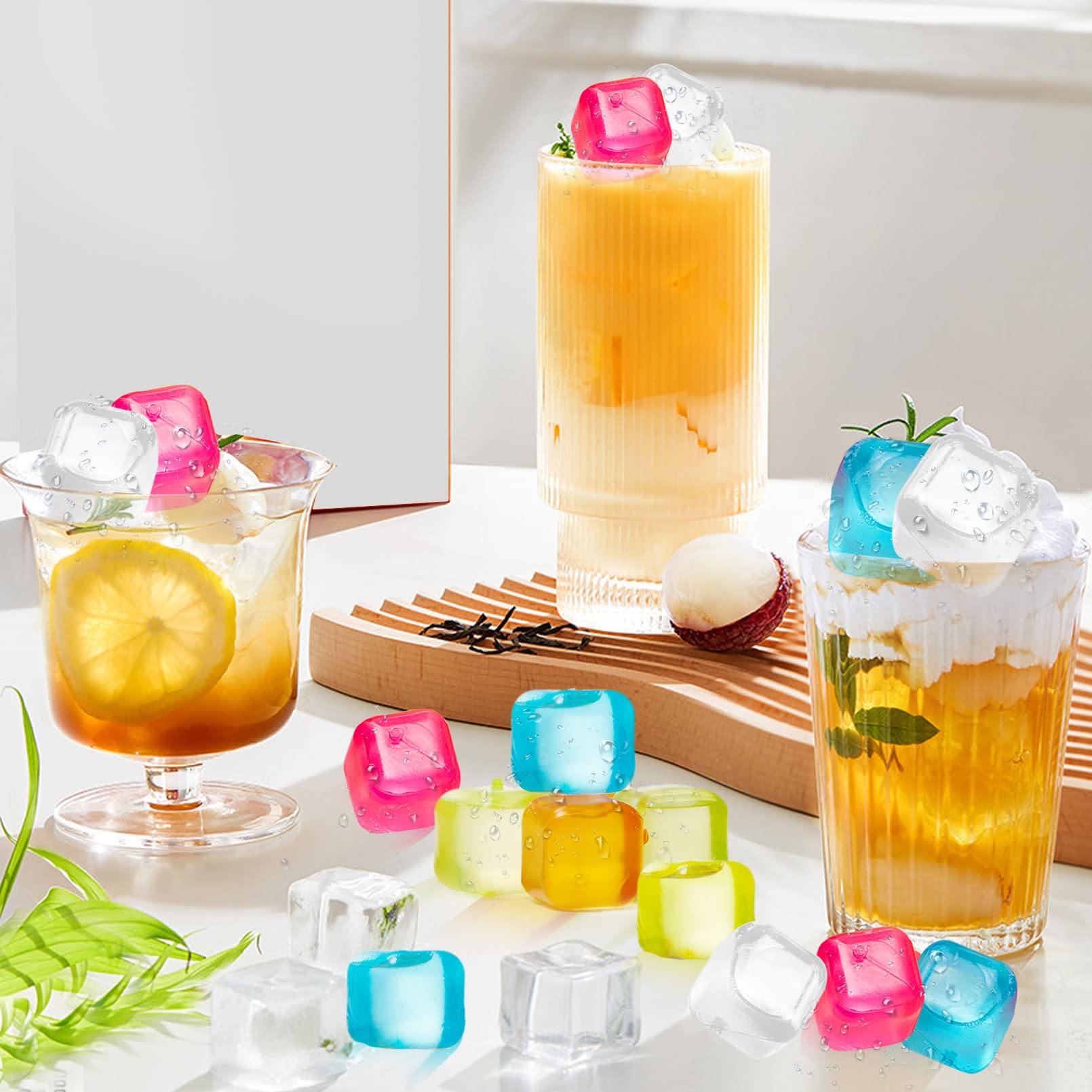 60Pcs Reusable Ice Cubes - BPA Free, Non-Diluting, Refreezable Plastic Ice Cubes for Drinks & Cocktails | Quick Frozen, Washable & Purified Water Filled (White + Colorful) | Perfect for Parties, Bars, Home & Office Use