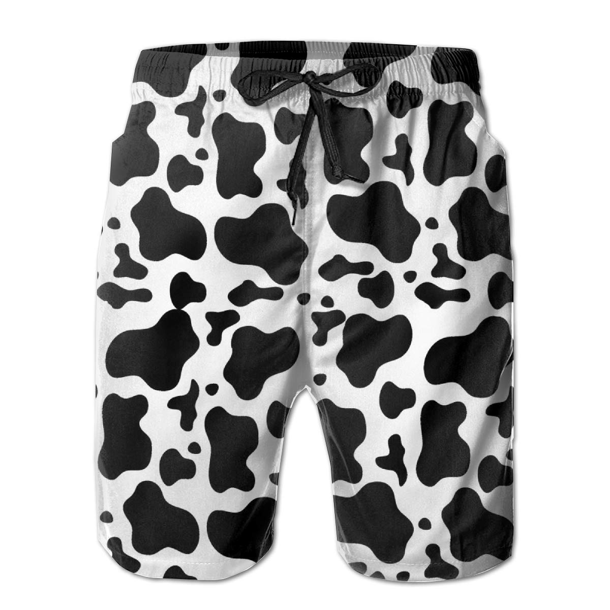 Men's Quick Dry Casual Beach Swim Trunks - Black & White Cow Print - Large Size - Perfect for Swimming, Surfing, and Summer Vacations