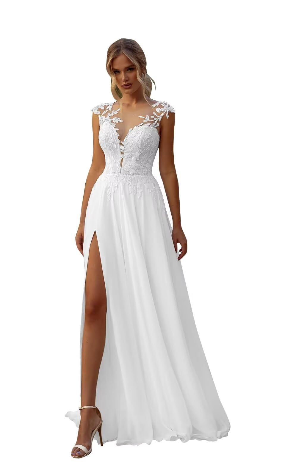 Boho Cap Sleeve Wedding Dress with Slit Applique - A-Line Beach Summer Bridal Gown SED0127 | Perfect for Outdoor, Beach & Boho-Themed Weddings