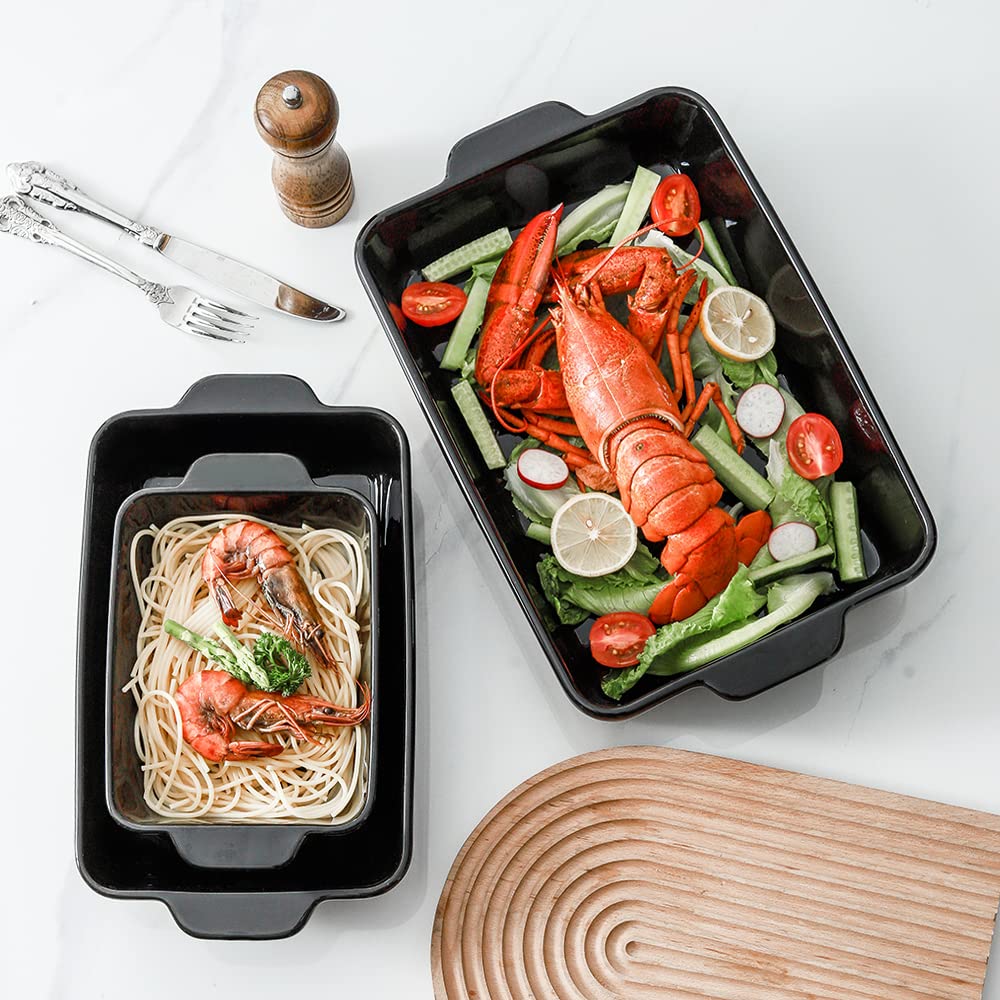 HVH 3-Piece Ceramic Baking Dish Set - 9x13 Inch Deep Lasagna Pan, Large Casserole Dish & Farmhouse Style Bakeware for Oven, Microwave & Dishwasher Safe - Perfect for Lasagna, Casseroles, Roasts & Family Dinners (Black)