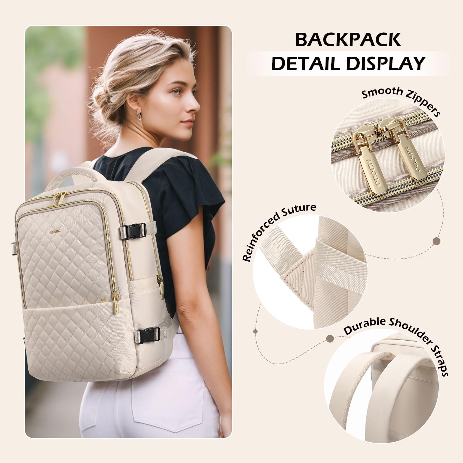 Large Travel Backpack for Women & Men - 36L Lightweight Waterproof Carry On Backpack Fits 15.6 Inch Laptop, Perfect for College, Work, Hiking & Daily Commute - Beige