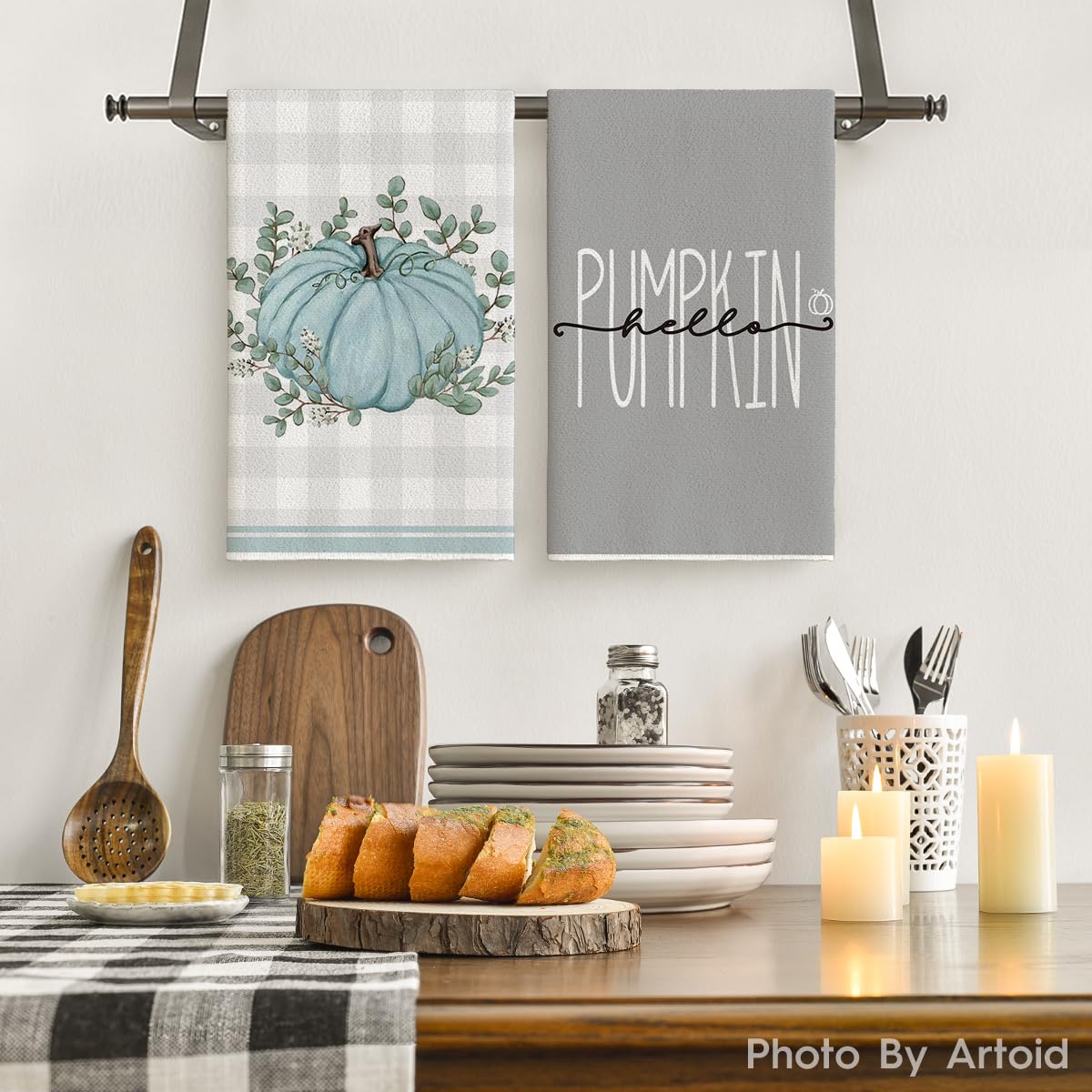 Artoid Mode Grey Eucalyptus Leaves Hello Pumpkin Fall Kitchen Towels - Set of 4 Farmhouse Dish Towels 18x26 Inch, Thanksgiving Home Decor for Kitchen, Dining Room & Holiday Table Setting