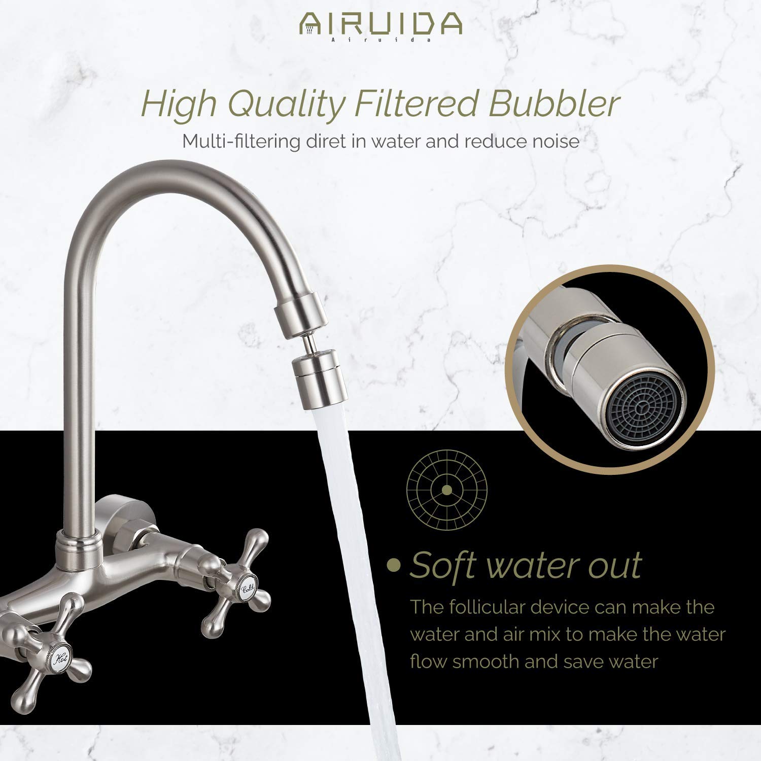 Airuida 8 Inch Brushed Nickel Wall Mounted Kitchen Sink Faucet - Durable & Stylish Tap for Modern Kitchens, Perfect for Compact Spaces and Sleek Design