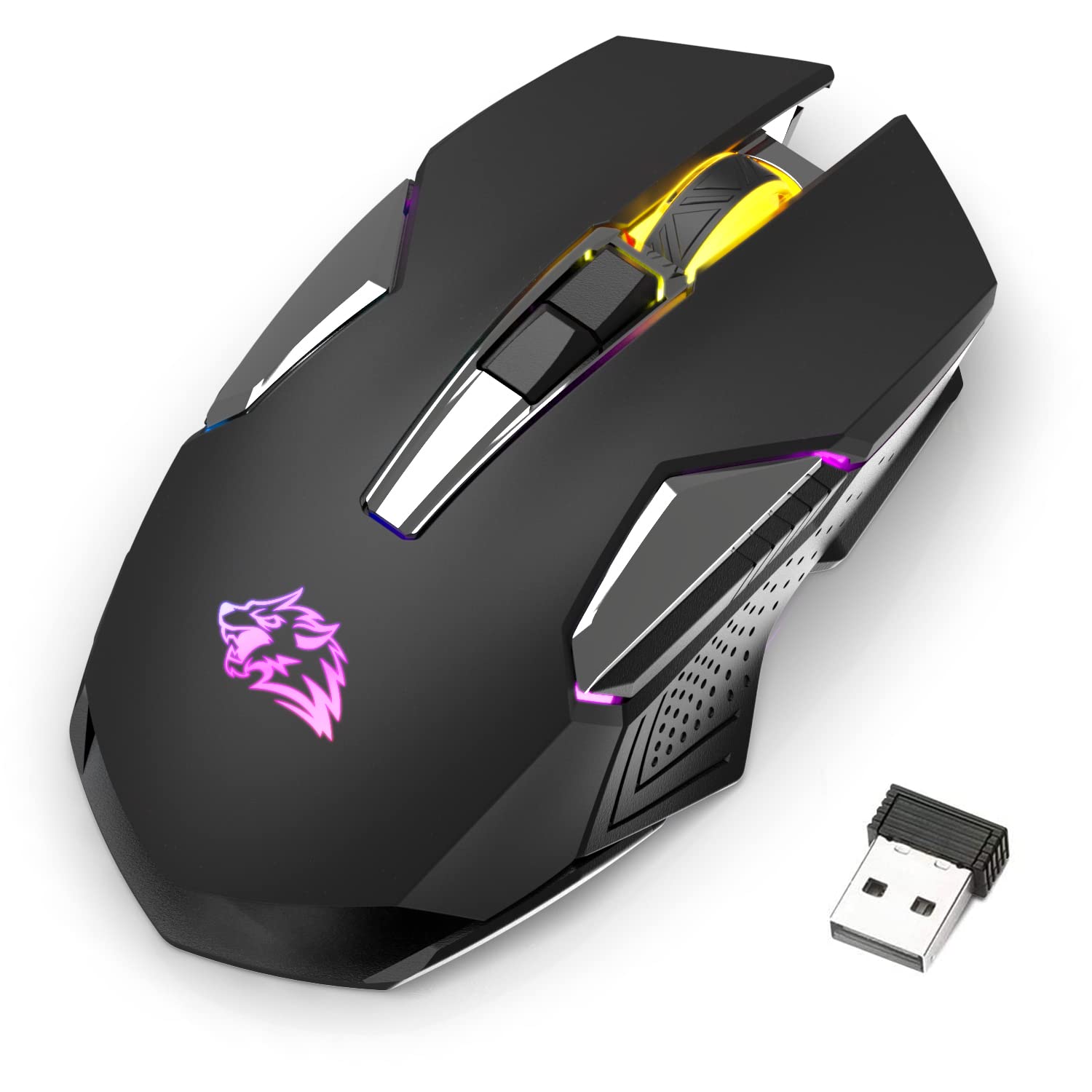 Wireless Gaming Mouse with RGB Lighting & Silent Buttons - USB-C Rechargeable, 7-Color LED, 3-Level DPI for PC Gamers, Laptops, Chromebook & Mac (Black) - Perfect for Esports, Office Work & Late-Night Gaming