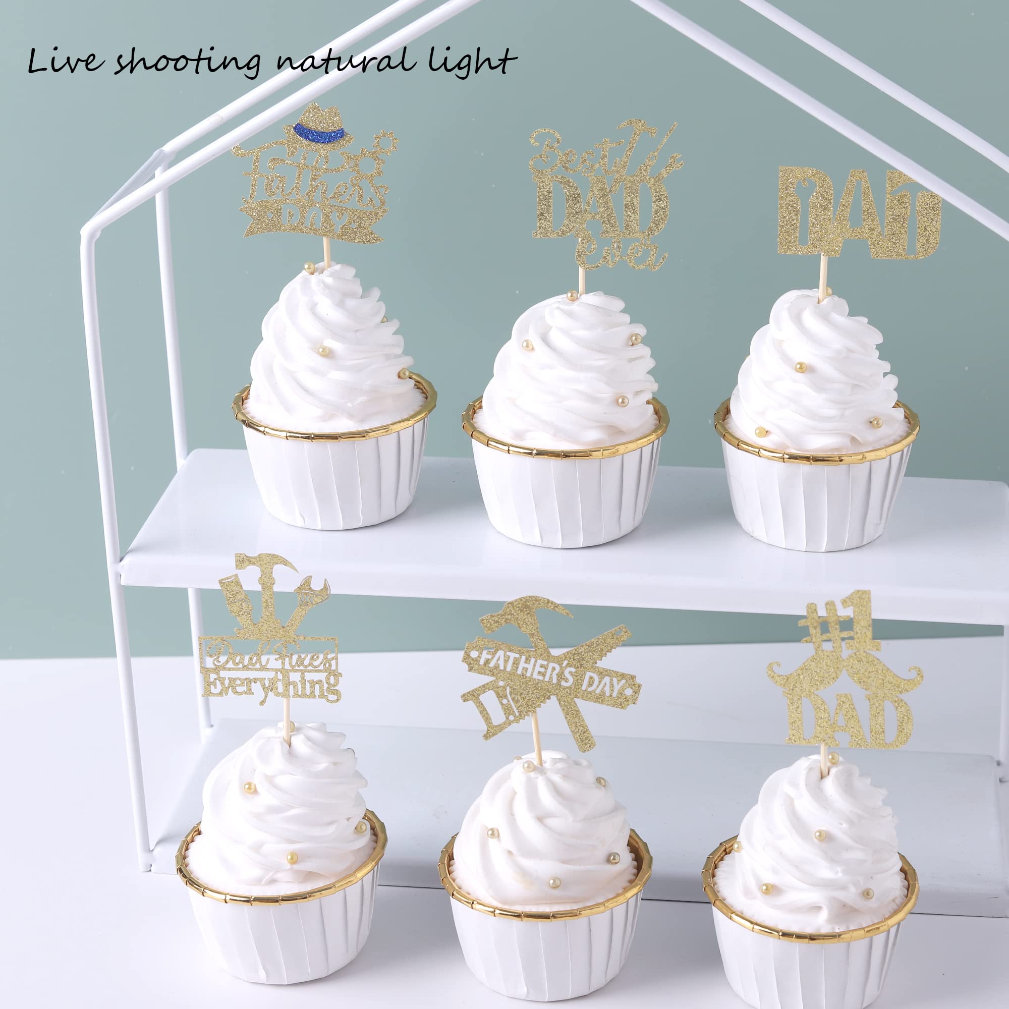 24 Pack Happy Father's Day Cupcake Toppers - Glitter Best Dad Ever Cake Decorations with #1 Dad, Tie, Mustache & Hat Designs - Gold Party Supplies for Father's Day Celebrations, Men's Birthday Parties & DIY Cake Decorating