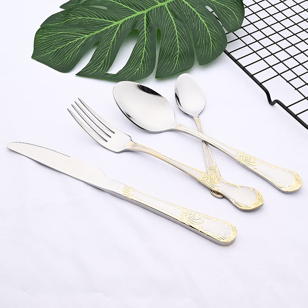 32-Piece Gold Stainless Steel Flatware Set - Knife, Fork & Spoon Cutlery for Dinner - Elegant Tableware for Home, Restaurant & Party Use - BY ZZYY (Gold)