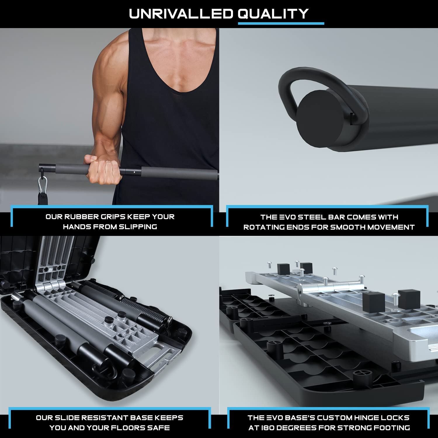 EVO Gym - Portable Home Gym Equipment for Strength Training, Resistance Bands with Base Holds Gym Bar & Handles | Compact Travel & Home Workout Solution for Full Body Exercise | Perfect for Home, Office, Travel & Outdoor Fitness