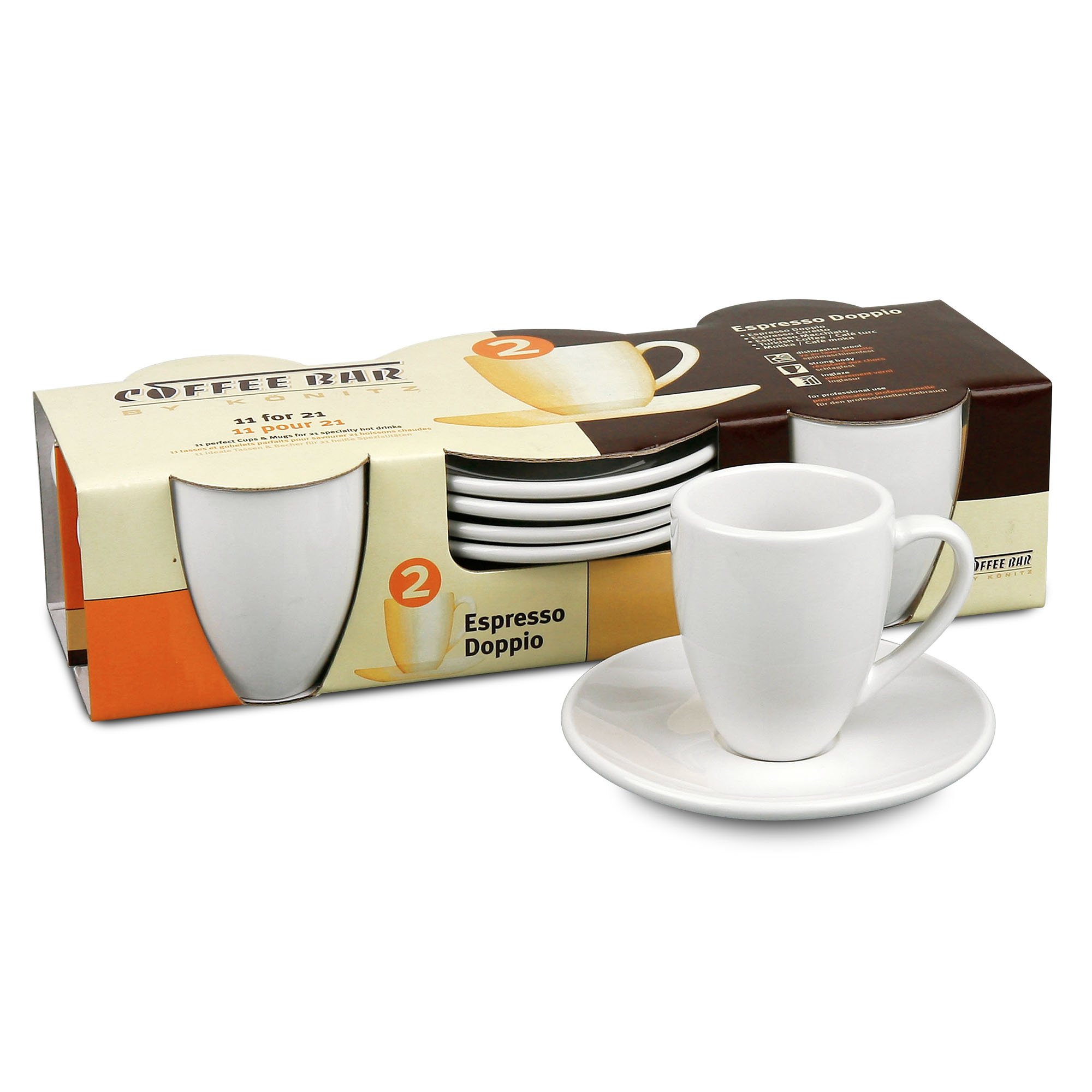 Konitz Coffee Bar Espresso Doppio Cups & Saucers Set - 4 Piece Italian Style Coffee Cup Set for Espresso, Cappuccino & Latte - Perfect for Home, Cafe & Restaurant Use