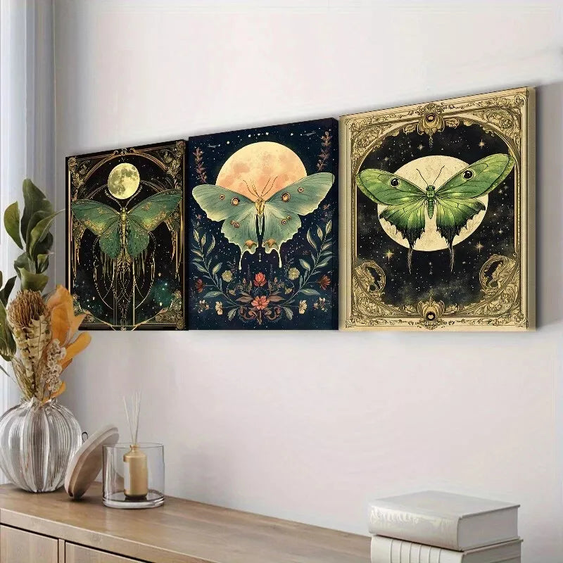 3-Piece Green Luna Moth Nature Wall Art Set - Framed Canvas 50x70cm (19.7x27.6in) - High Quality Print - 100% Australian Made - Ready to Hang - Perfect for Living Room, Bedroom & Office Decor