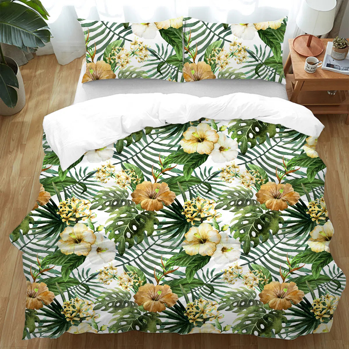 Premium Hibiscus Tropics Bedding Set - Soft Floral Printed Duvet Cover & Pillowcases - Tropical Paradise Bedroom Decor for Summer & Vacation Homes