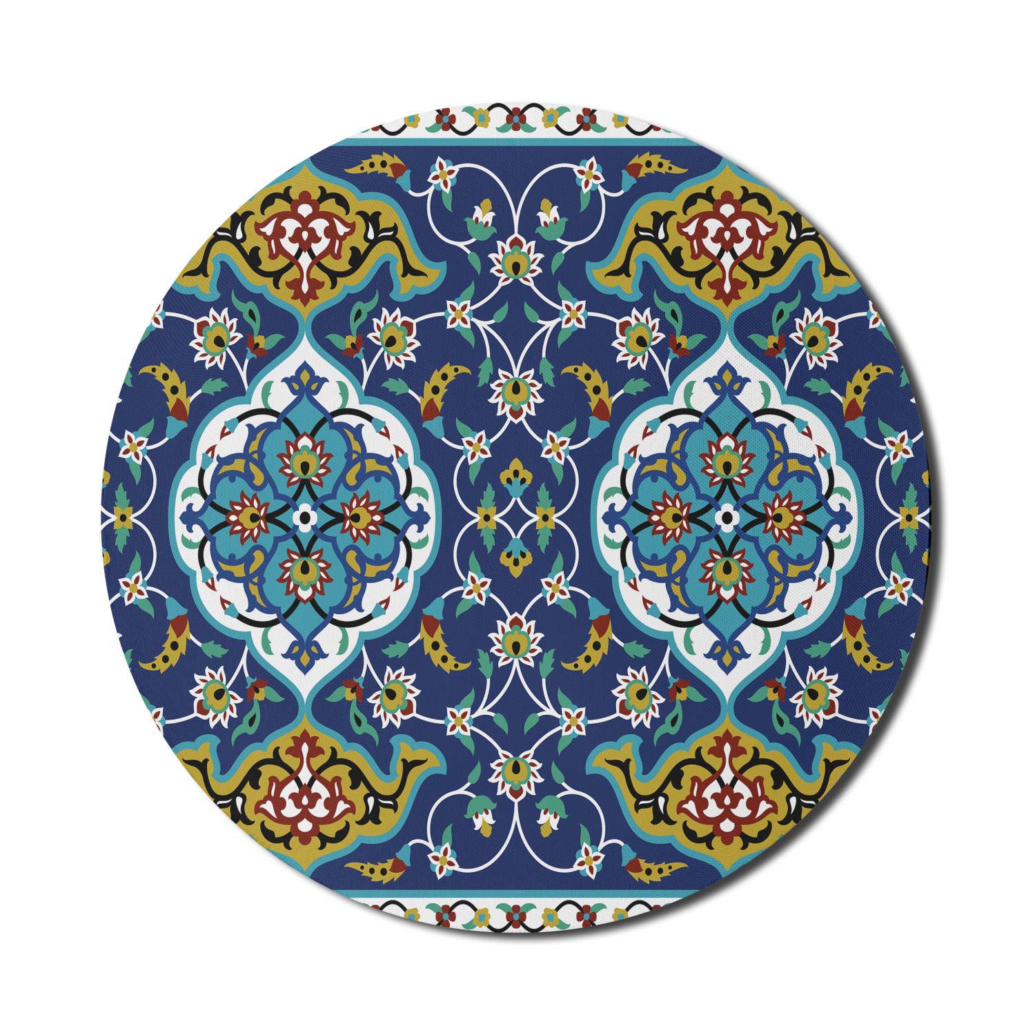 Ambesonne Moroccan Style Round Mouse Pad - Vintage Byzantine Tile Design, Non-Slip Thick Rubber Base, 8 Inch Gaming Mousepad in Mustard & Royal Blue | Perfect for Office, Home Computer & PC Gaming Setup