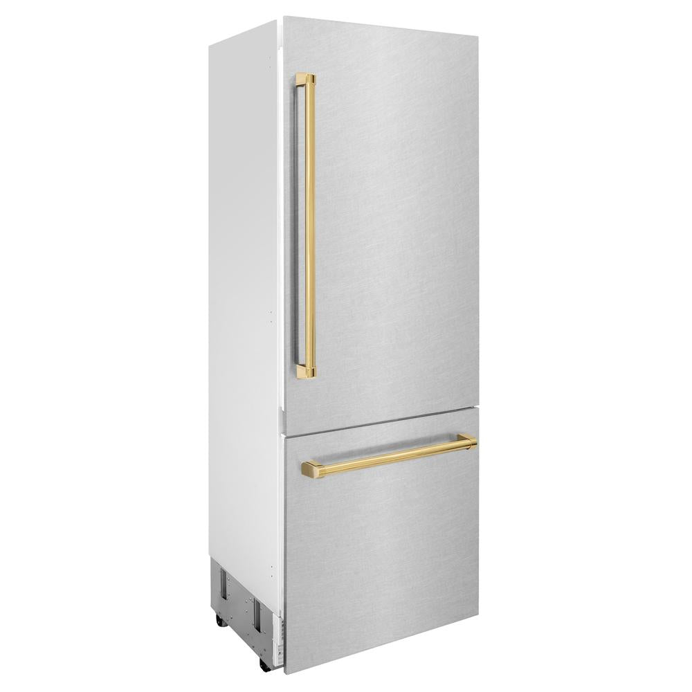 ZLINE Autograph Edition 30-Inch Built-In Bottom Freezer Refrigerator - 16.1 cu. ft. Capacity, Water Dispenser & Ice Maker - Satin Stainless Steel with Polished Gold Accents (RBIVZ SN 30 G) - Perfect for Modern Kitchens & Luxury Homes