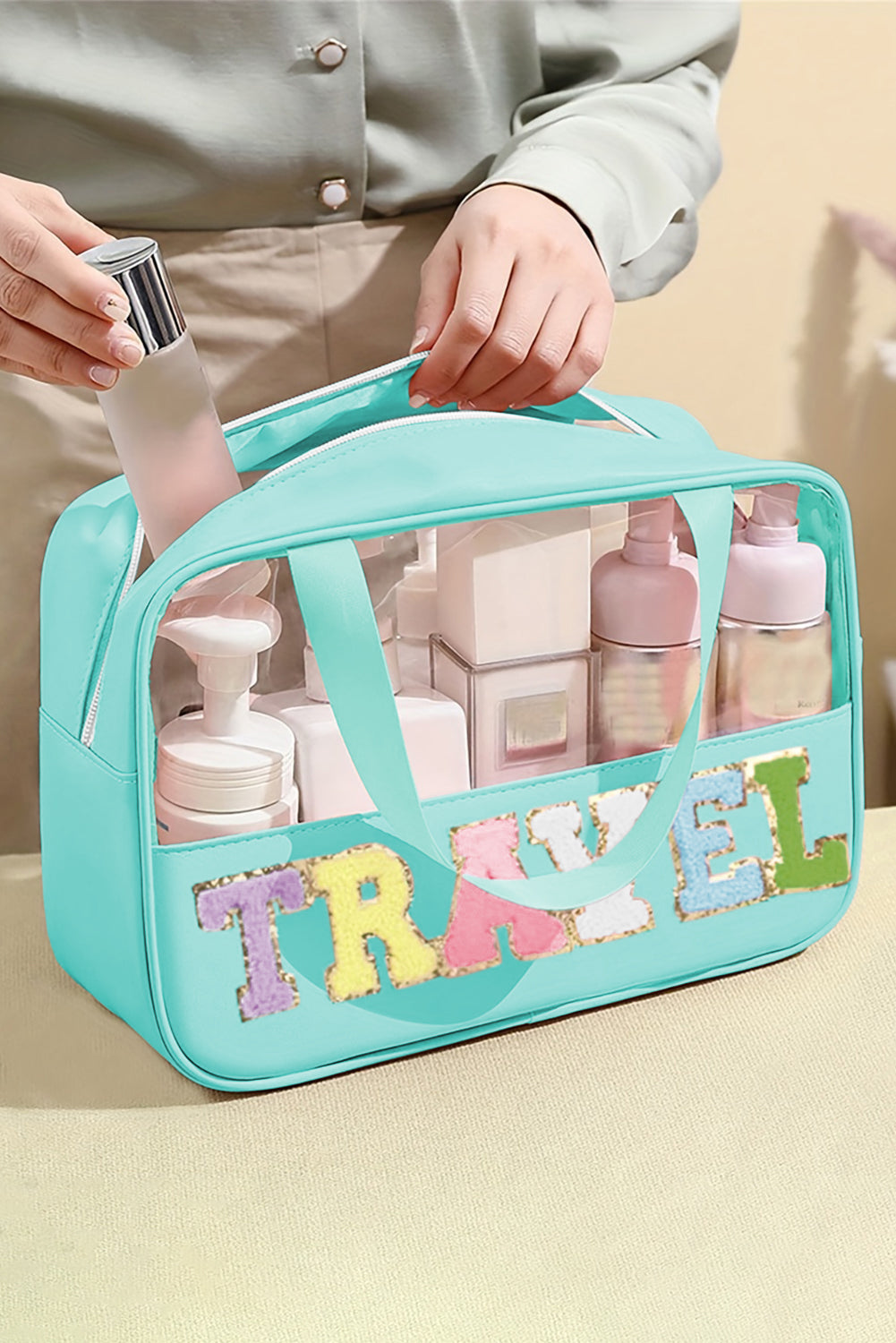 Stylish Chenille Letter Clear PVC Makeup Bag for Travel - Perfect Cosmetic Organizer for Vacation, Gym & Daily Essentials