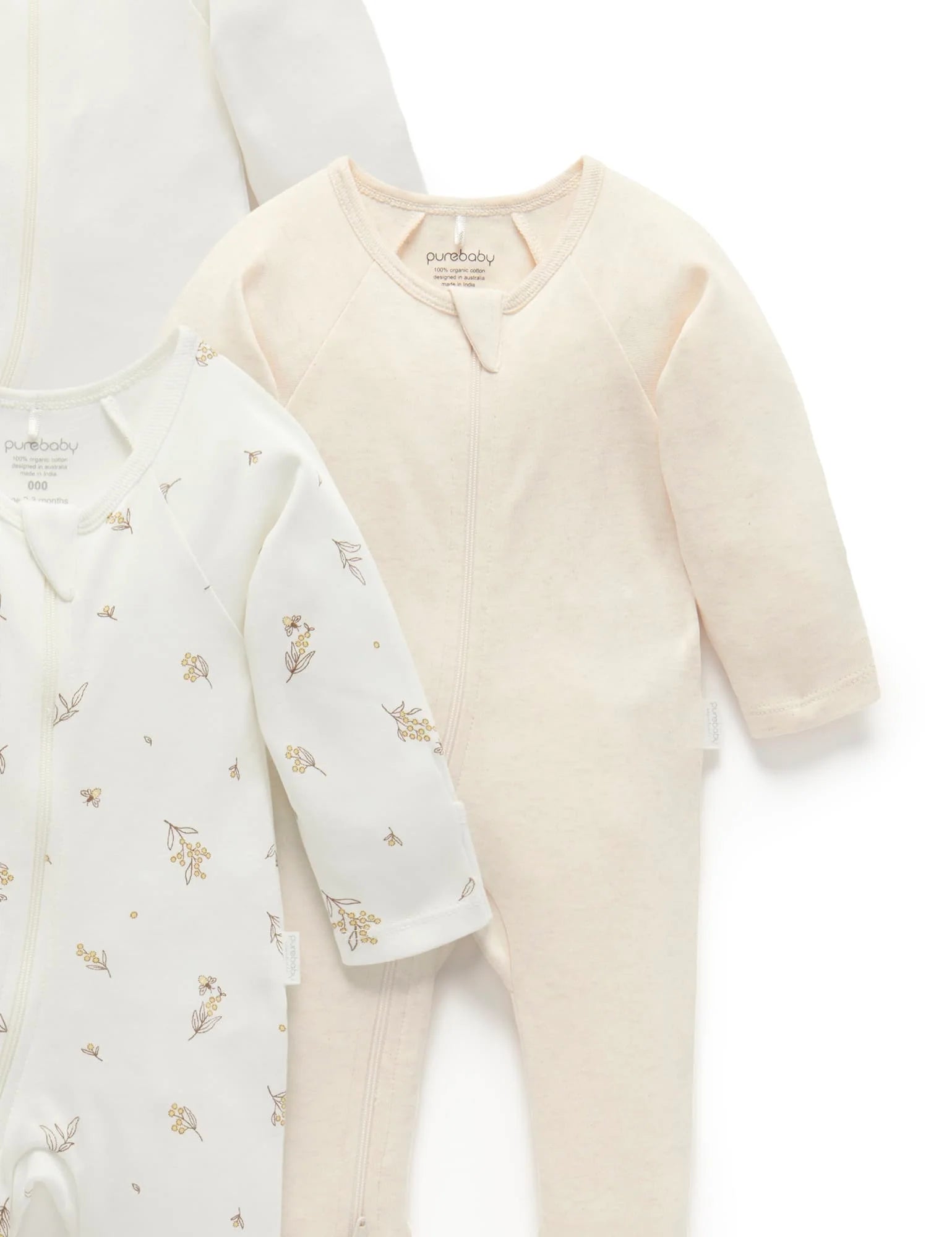 Purebaby Organic Zip Growsuit 4 Pack - Soft Cotton Baby Romper Set for Newborns & Infants (Vanilla Wattle Bee) | Perfect for Playtime, Daycare & Sleepwear
