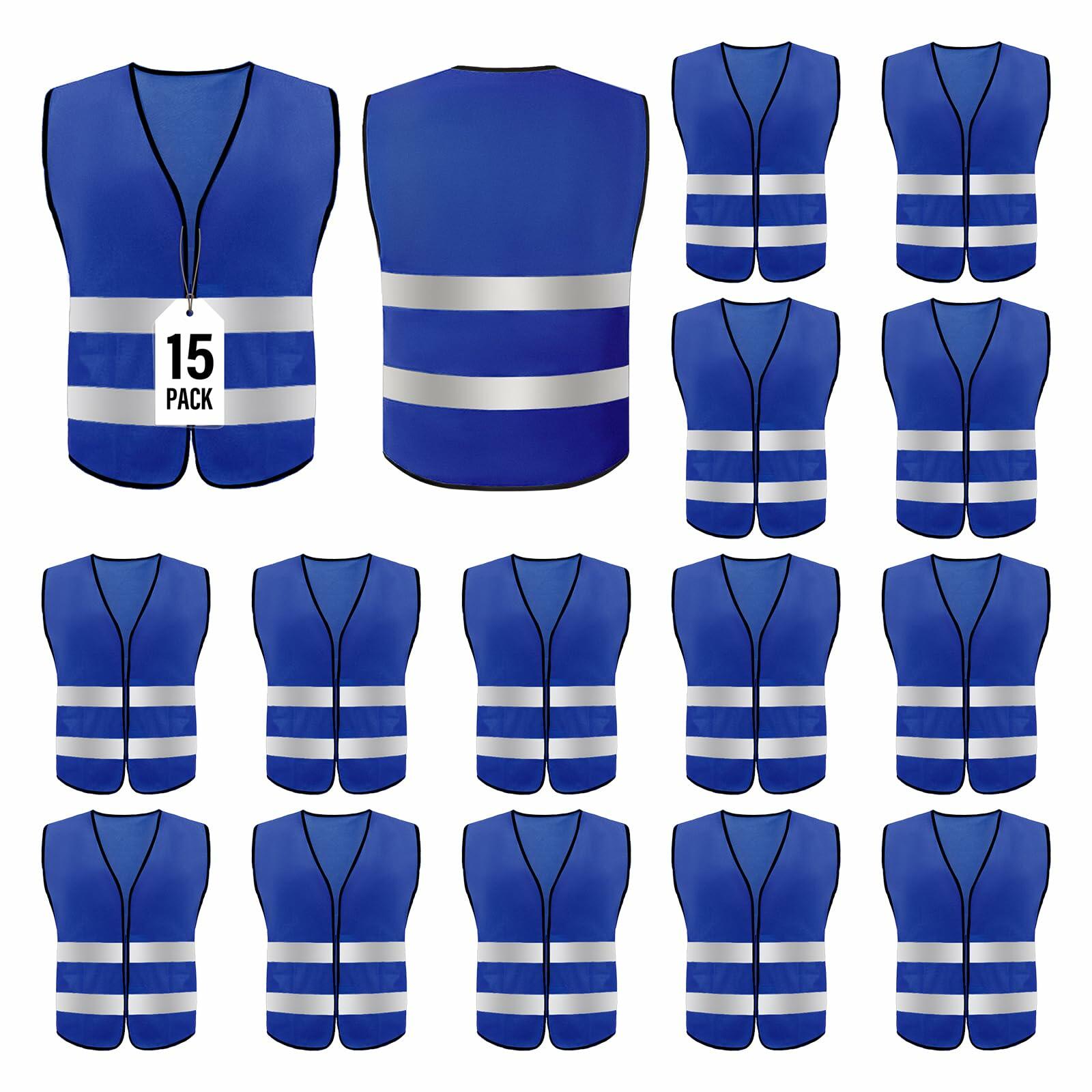 15 Pcs High Visibility Safety Vests with Reflective Strips - ANSI Certified Work Safety Gear for Construction, Road Workers & Night Running (Blue)