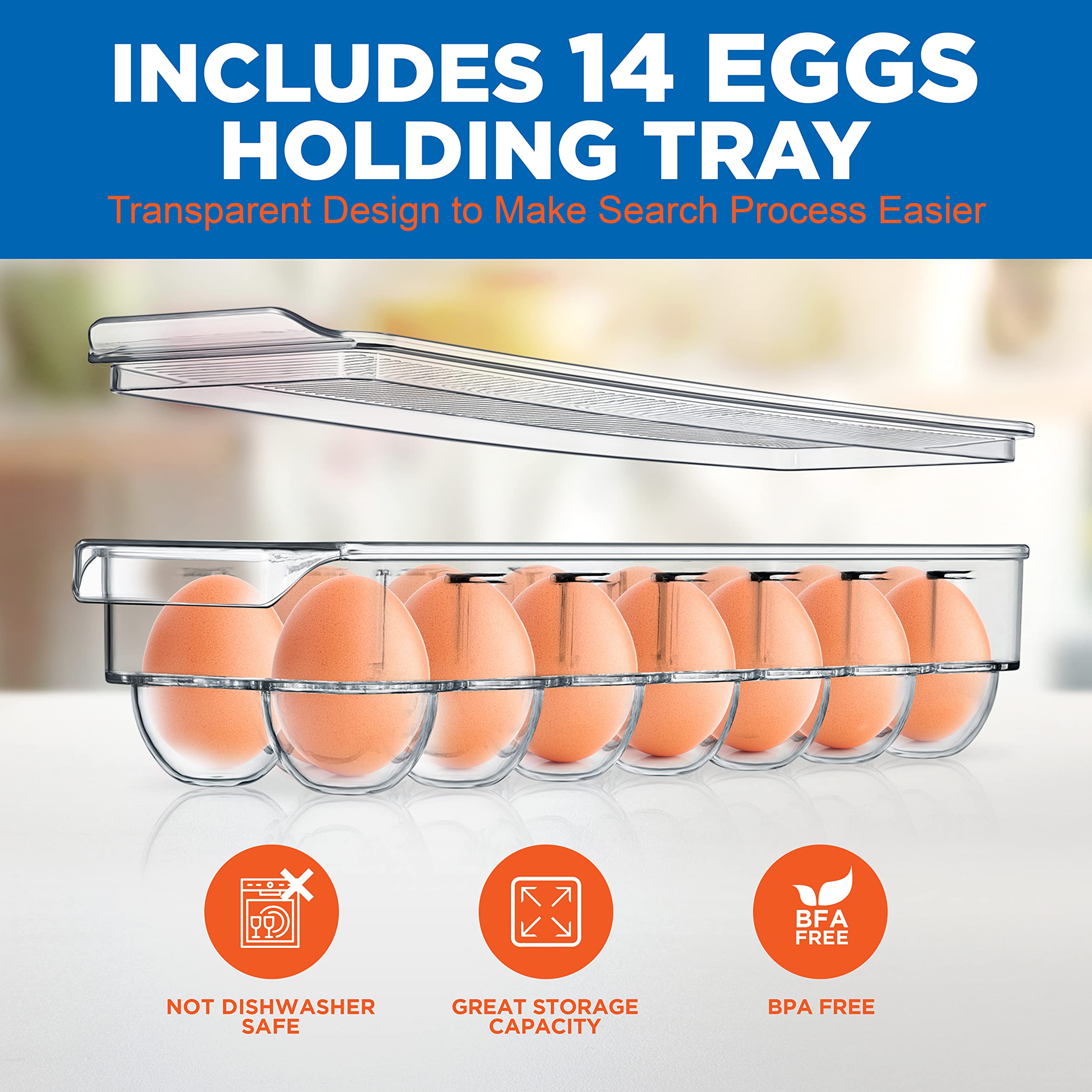 NutriChef 6-Piece Clear Refrigerator Organizer Set - BPA Free Fridge Bins & Egg Holder for Kitchen, Freezer, Pantry & Countertop Storage | Perfect for Organizing Fruits, Vegetables, Dairy & Leftovers