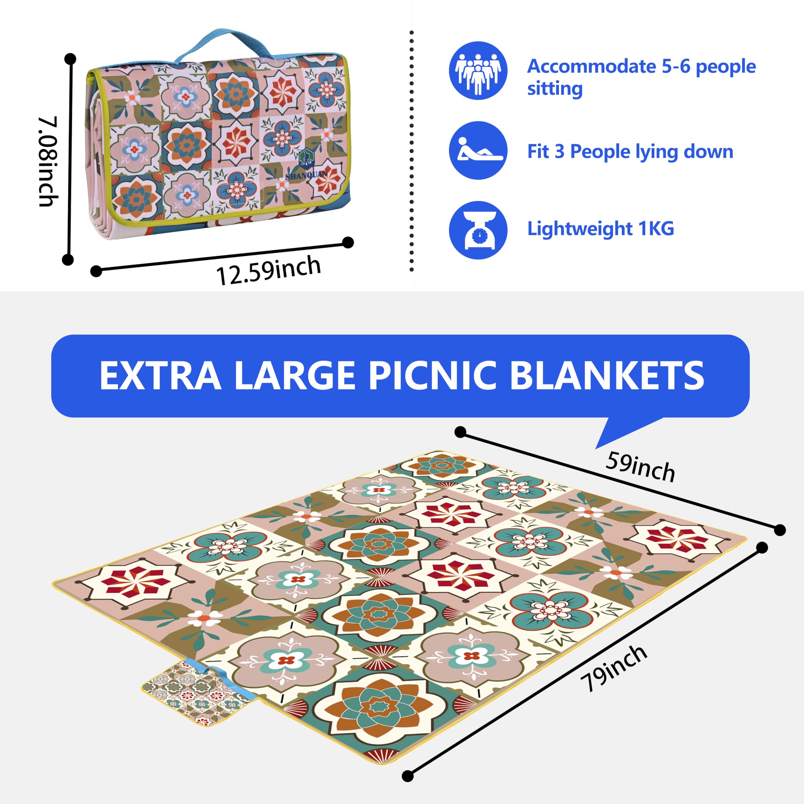 Waterproof Sandproof Picnic Blanket 59''x79'' Large Outdoor Beach Blanket - Foldable Camping Mat for Park, Lawn, Family Picnics, Festivals & Beach Parties