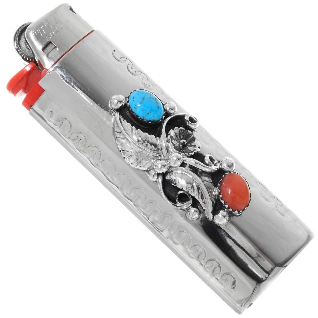 Authentic Navajo Silver Lighter Case with Sleeping Beauty Turquoise & Coral - Handcrafted Native American Accessory for Collectors, Smokers & Western Style Enthusiasts | Perfect for Gifts, Camping & Outdoor Adventures