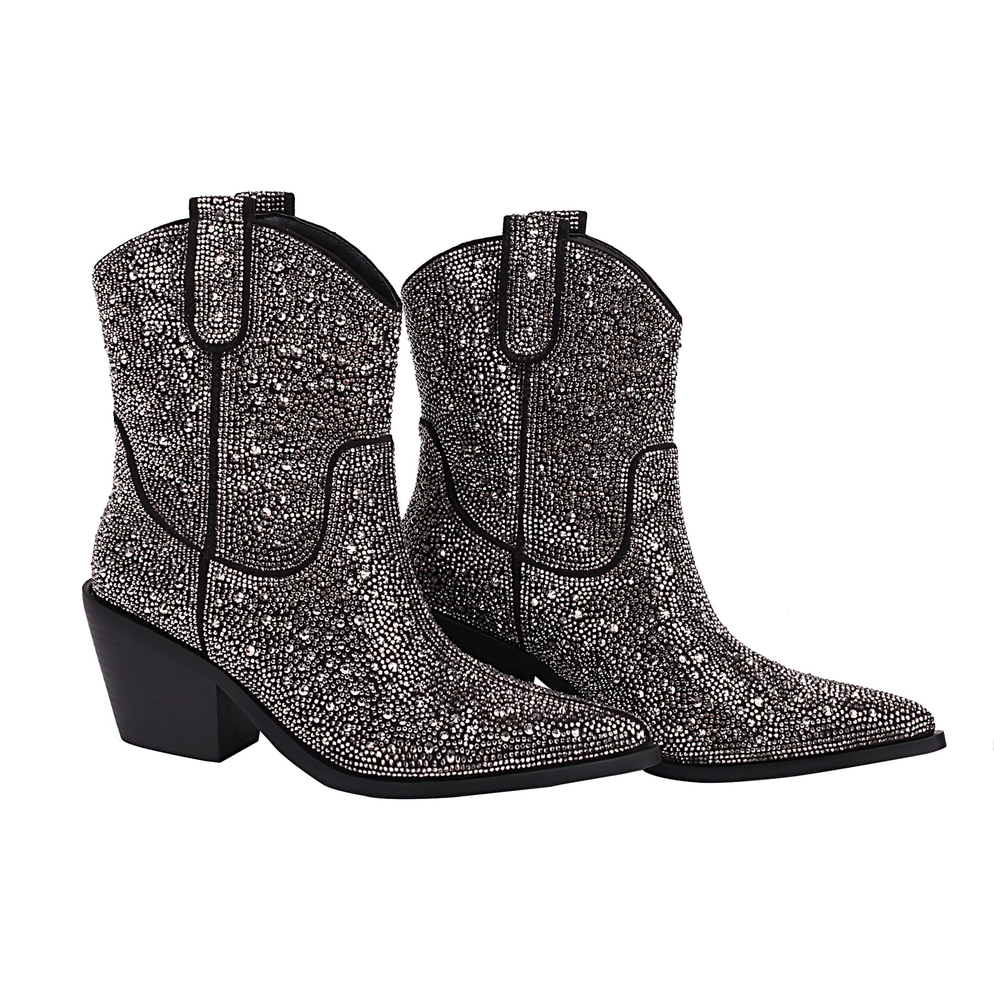 Vivianly Rhinestone Cowboy Boots for Women - Western Glitter Ankle Boots, Cowgirl Boots with Sparkling Diamonds | Pointed Toe & Chunky Heel Mid Calf Boots | Perfect for Country Concerts, Line Dancing & Western Fashion