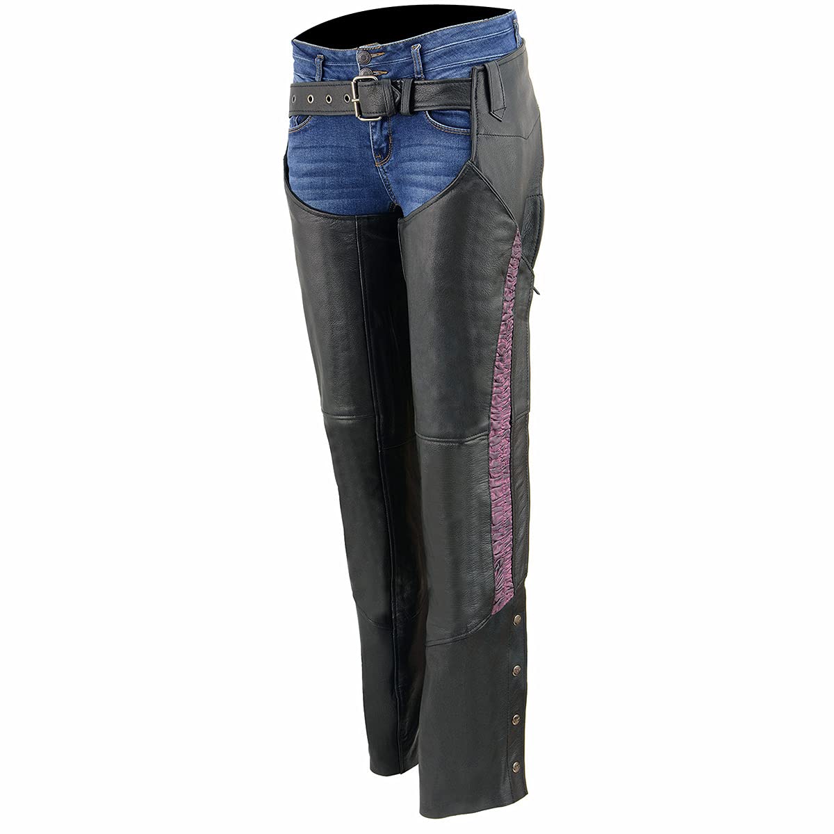 Milwaukee MLL6501 Women's Black Lightweight Goat Skin Motorcycle Chaps with Crinkled Stripes & Reflective Design - Perfect for Riding, Biker Events & Outdoor Adventures