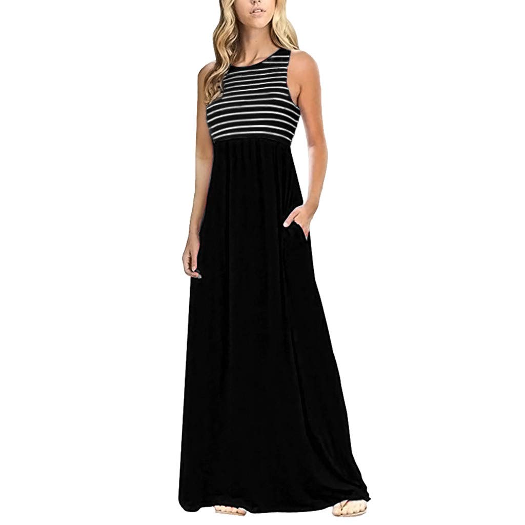 Malbaba Women's Summer Boho Maxi Dress - Short Sleeve Floral Striped Print Beach Party Dress, High Waisted Long Dress for Vacation, Date Night & Outdoor Events