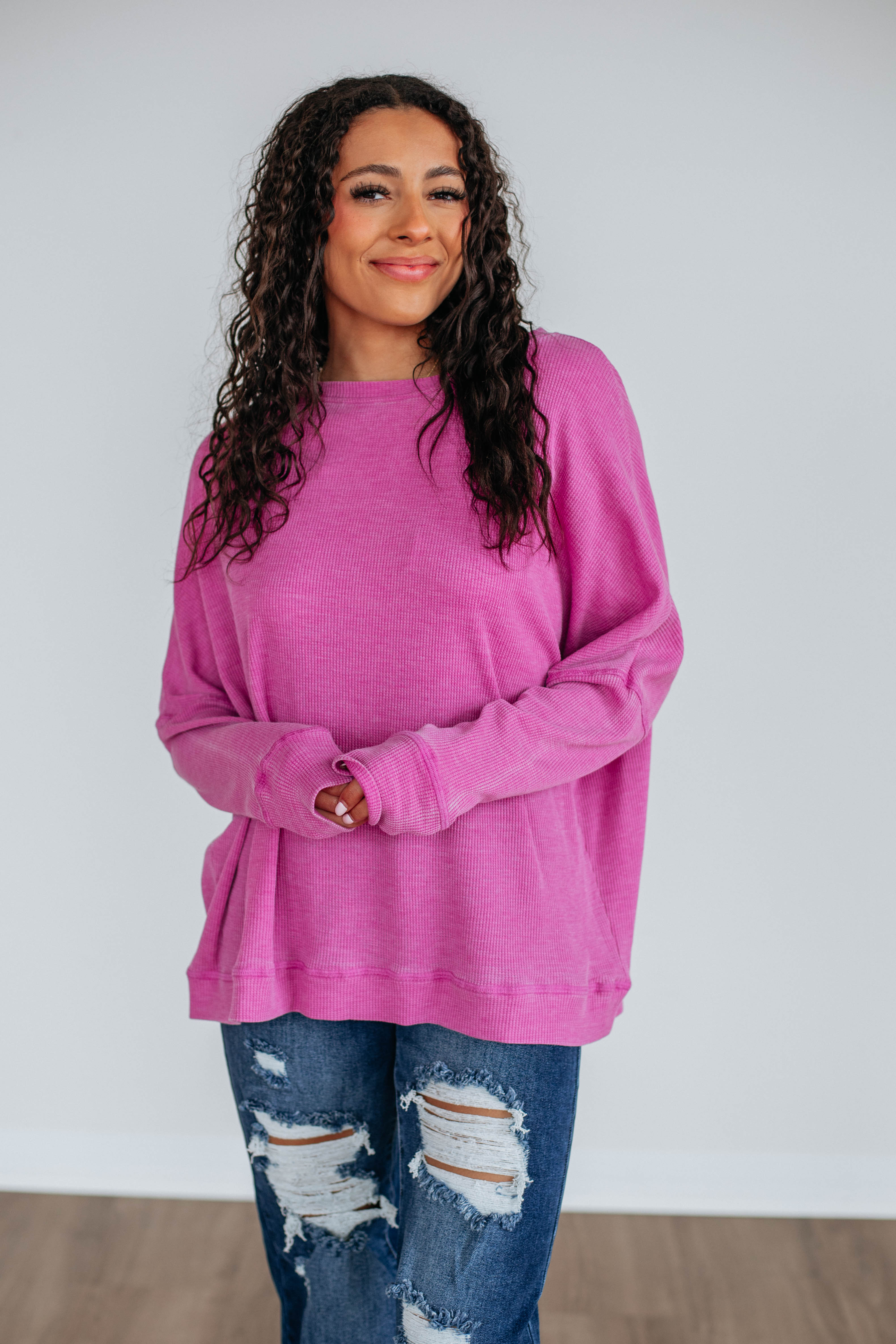 Breathable Waffle Knit Top for Women - Soft Orchid Color - Perfect for Casual Wear, Layering & Everyday Comfort