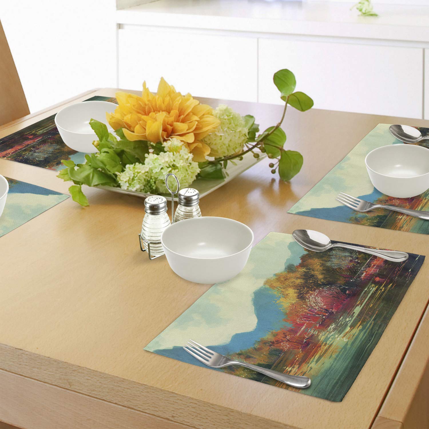 Ambesonne 4-Piece Art Placemats Set - Surreal Autumn Forest Landscape with Faded Trees by Mountain Lake, Fall Season Washable Fabric Placemats for Dining Table & Kitchen Decor - Perfect for Thanksgiving, Autumn Parties & Cozy Home Dining
