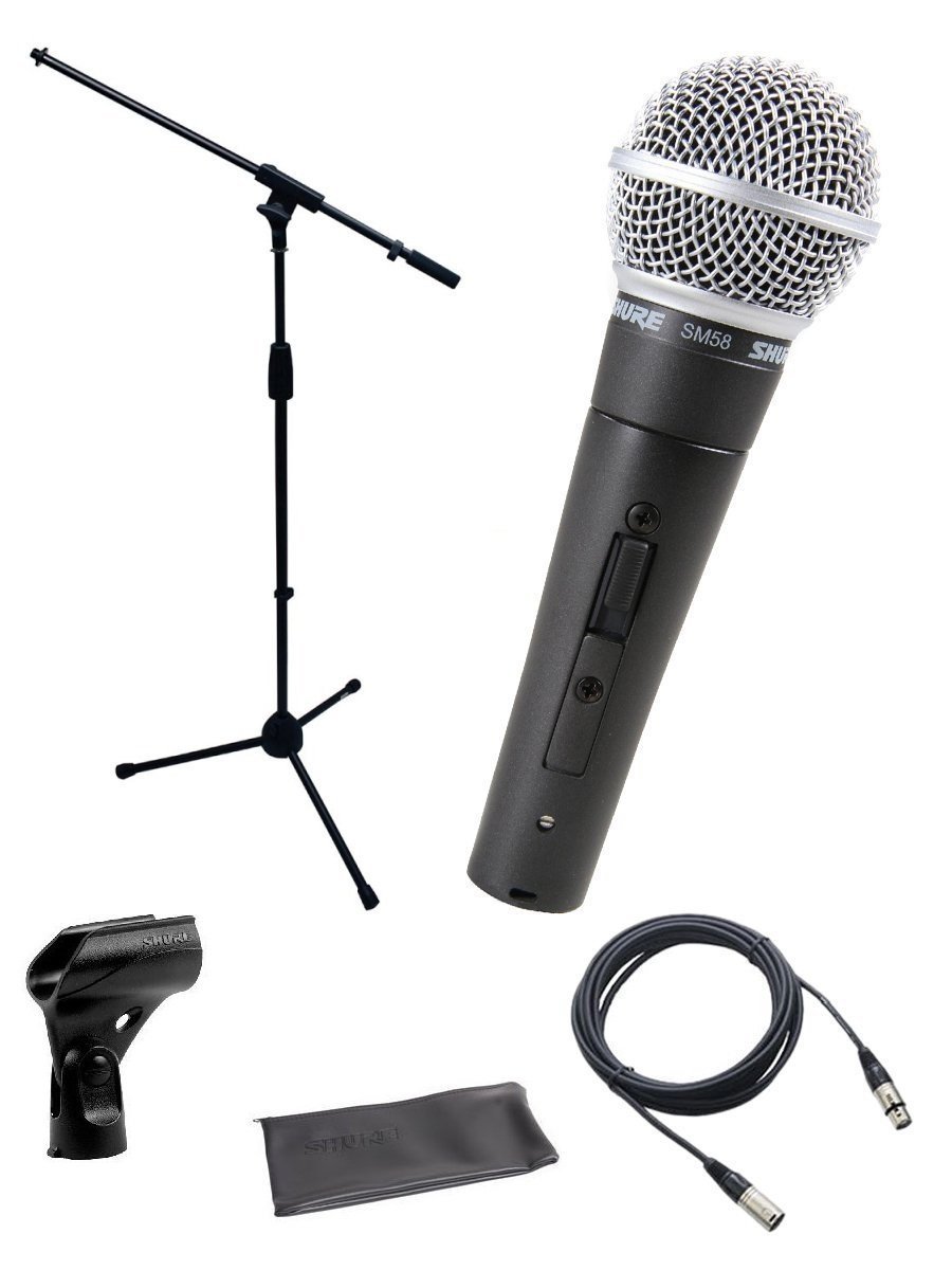 Shure SM58-S Dynamic Vocal Microphone Bundle with On/Off Switch - Includes Mic Clip, Carrying Pouch, Boom Stand & XLR Cable for Live Performances, Studio Recording & Podcasting