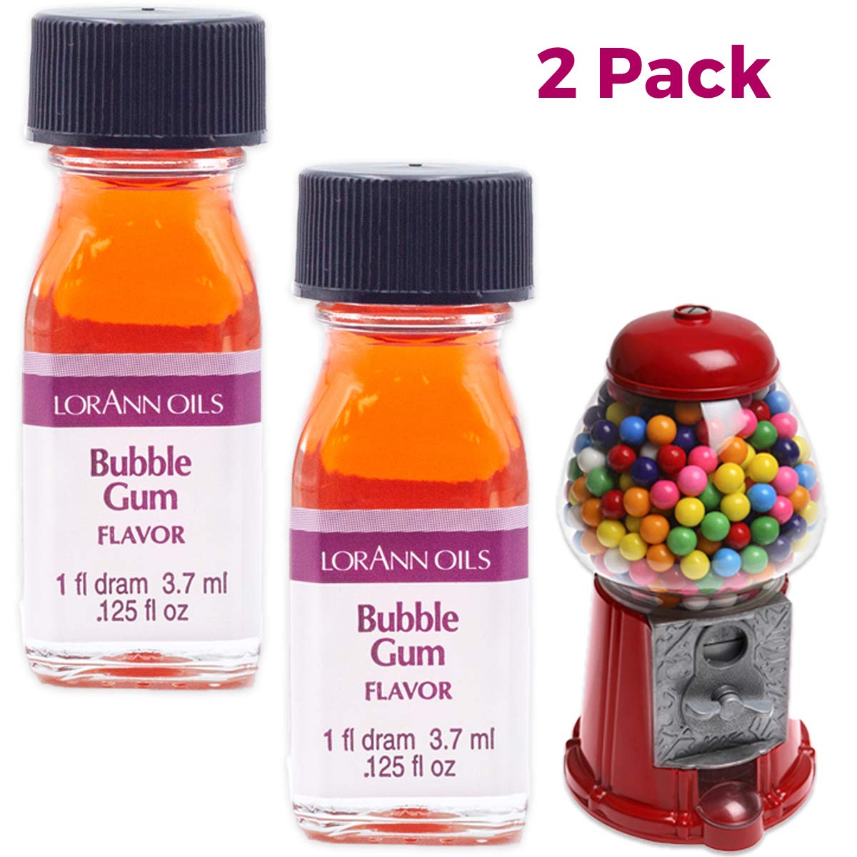 LorAnn Oils Super Strength Flavoring for Candy Making, Baking & Hard Candy - 4X Stronger Than Extracts - Natural Bubble Gum Flavor Oil (Pack of 2, 0.125 fl oz) - Perfect for DIY Treats, Cake Decorating & Homemade Desserts