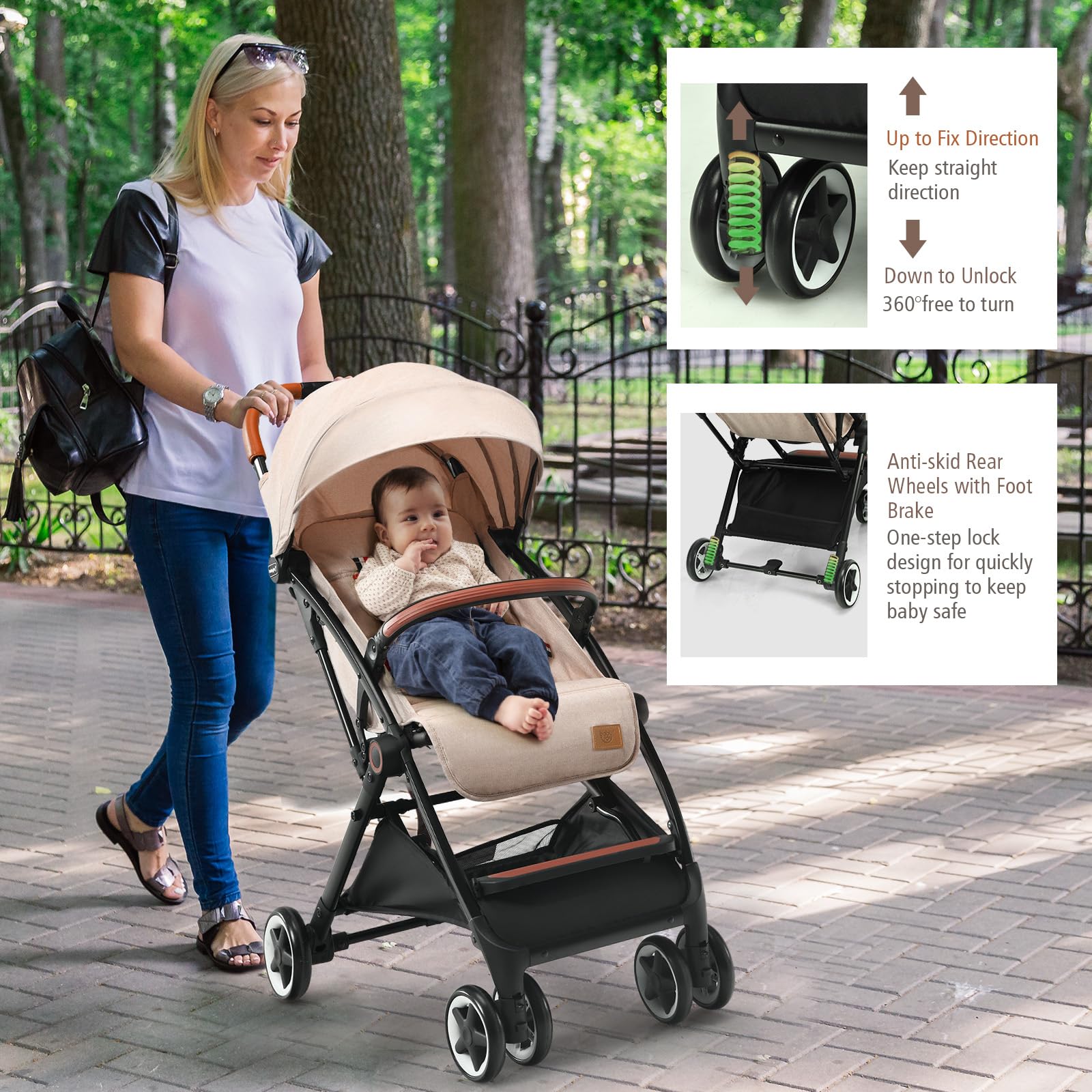 BABY JOY Lightweight Compact Baby Stroller for Travel - Airplane Approved Infant Stroller with 5-Point Safety Harness, Adjustable Backrest & Canopy, Storage Basket | Easy One-Hand Fold Beige Stroller for Newborns & Toddlers | Perfect for Air Travel, Shopping & Daily Walks