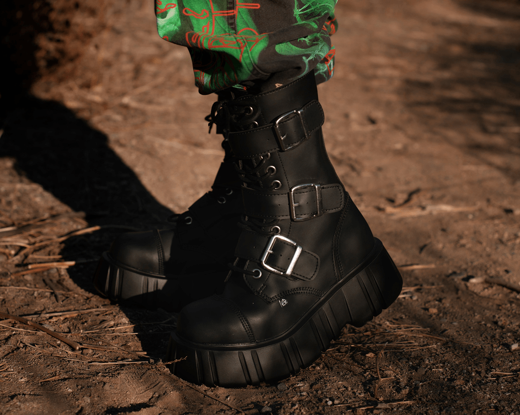 Black TUKskin™ 3 Buckle Anarchic Airship Boot - Punk Rock Gothic Combat Boots for Women & Men | Perfect for Concerts, Cosplay & Alternative Fashion