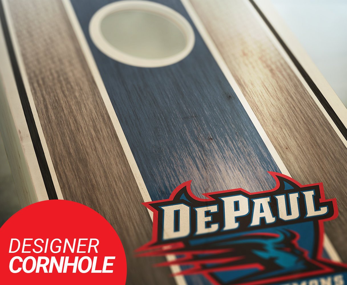DePaul Blue Demons Regulation Size Cornhole Game Set - Custom Stained Striped Boards with 8 ACA Approved Bean Bags | Perfect for Tailgating, Backyard BBQs & College Game Day Parties