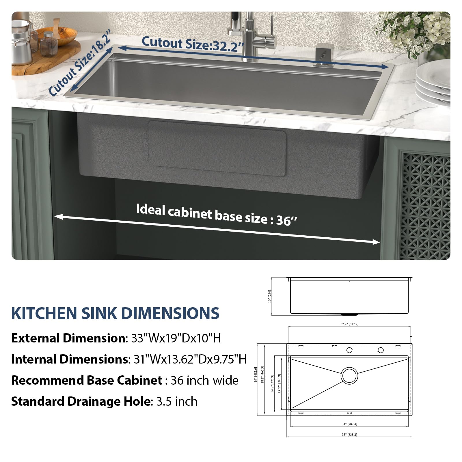 Lordear 33x19 Inch Drop-In Kitchen Sink - 16 Gauge 304 Stainless Steel Single Bowl Workstation with Built-in Accessories | Over Counter Handmade Sink Basin for Modern Kitchens & Restaurant Prep